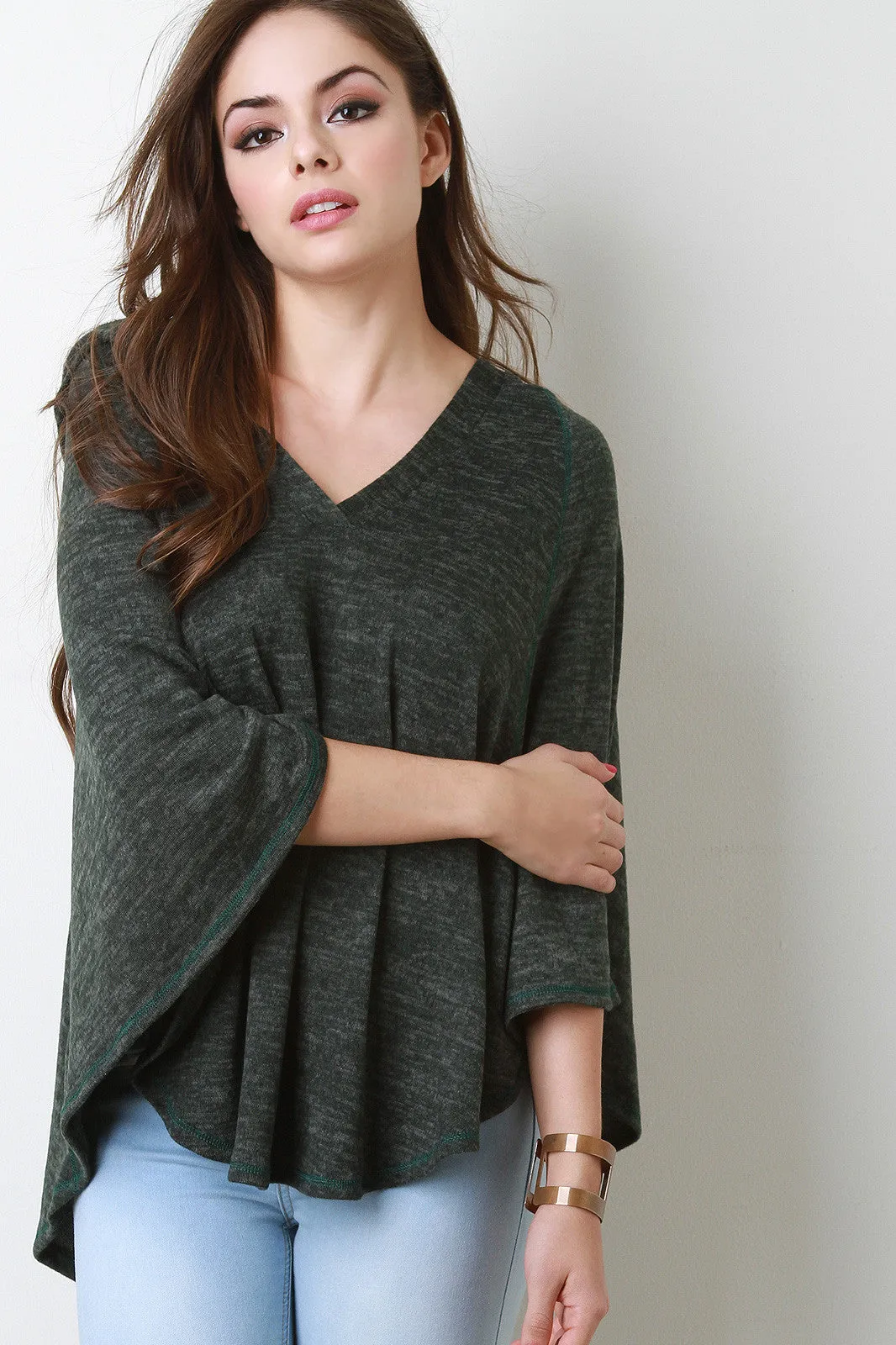 Marled Soft Knit Round Hem Hooded Poncho