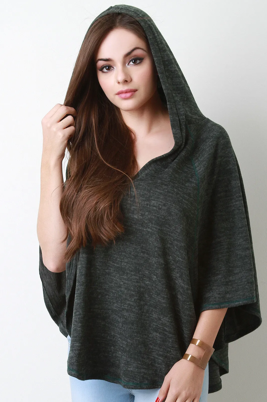 Marled Soft Knit Round Hem Hooded Poncho