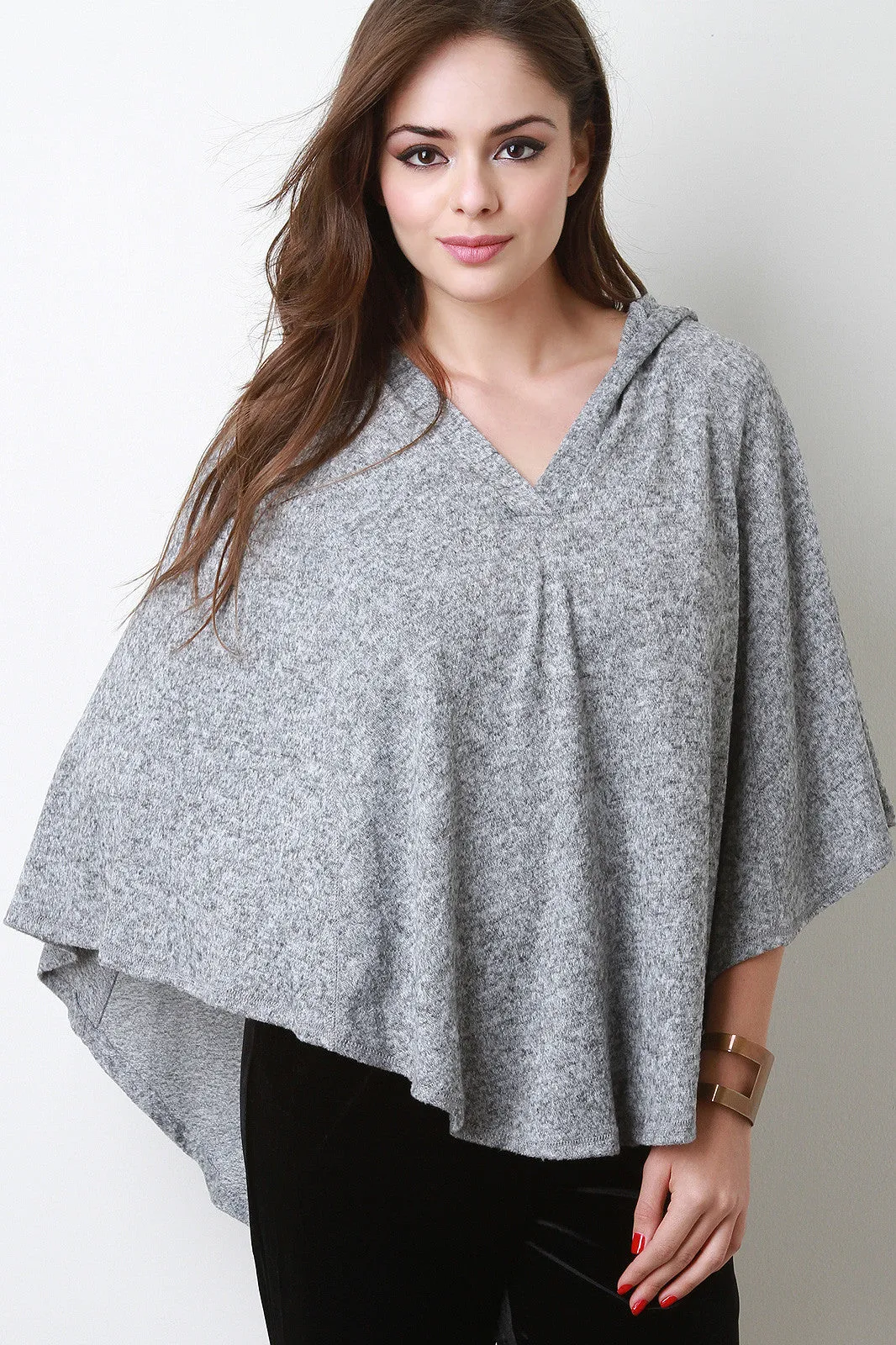 Marled Soft Knit Round Hem Hooded Poncho