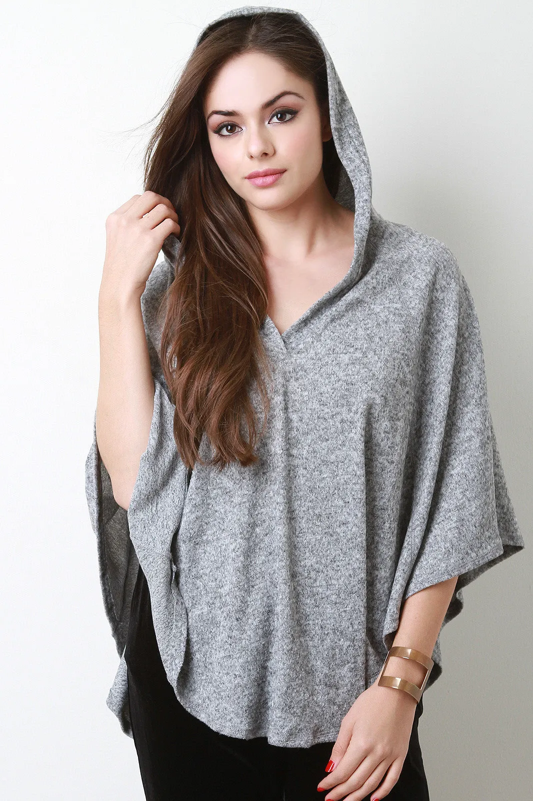 Marled Soft Knit Round Hem Hooded Poncho