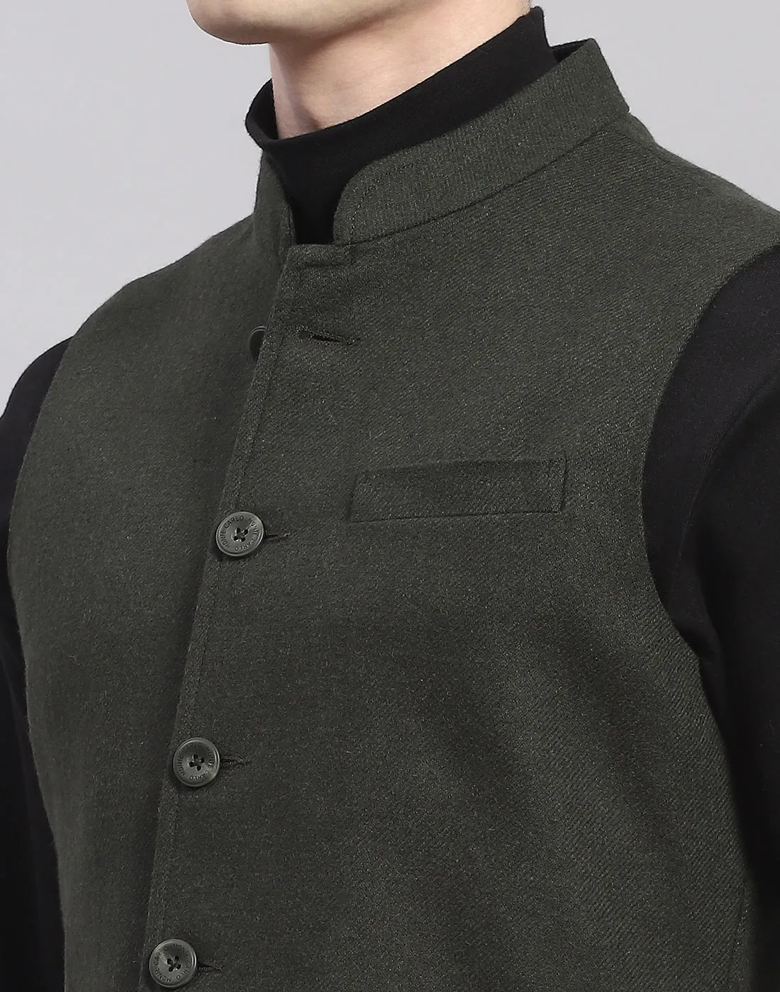 Men Olive Solid Mandarin Collar Sleeveless Nehru Jacket