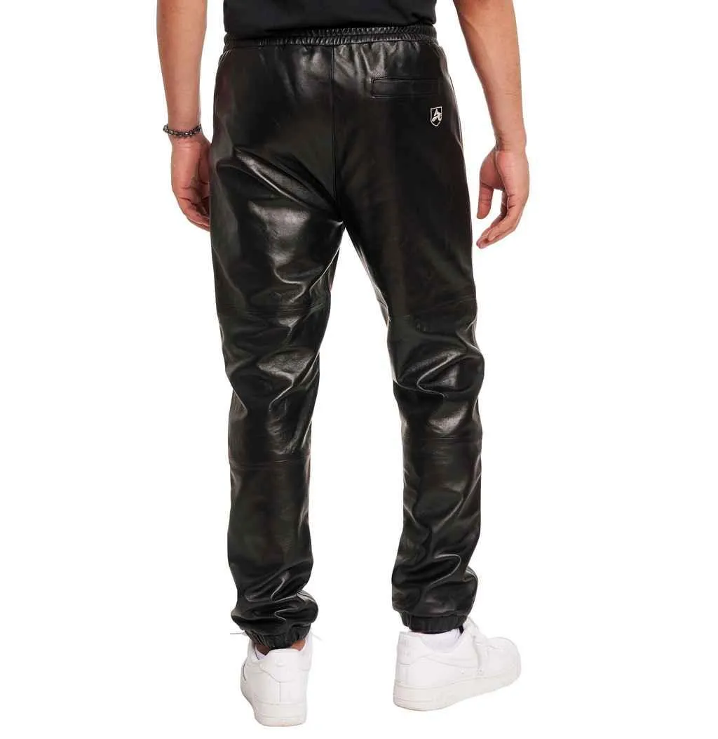 Mens Avirex Black Leather Track Pant