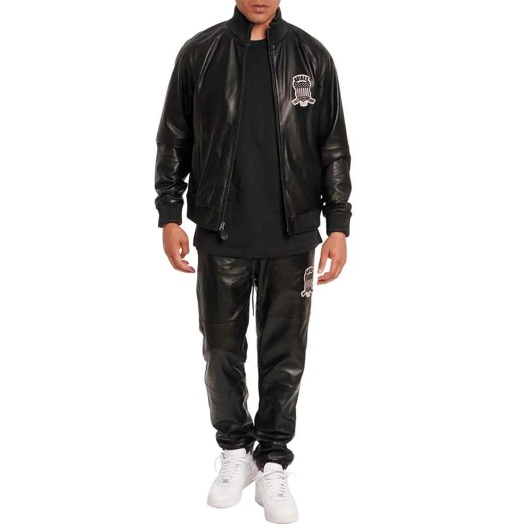 Mens Avirex Black Leather Track Pant