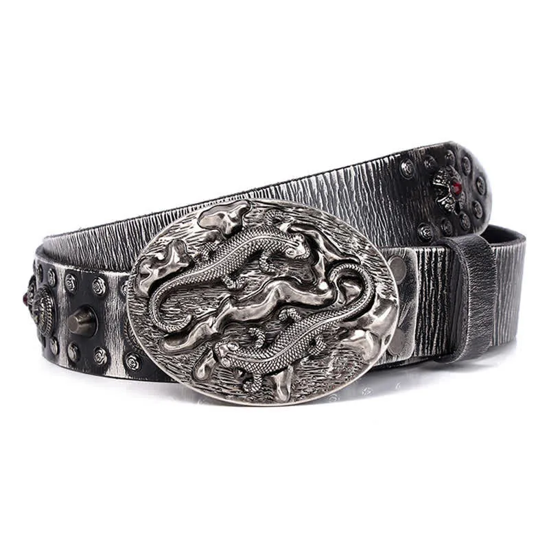 Men's Studded Ruby Lion Ornament Leather Belt