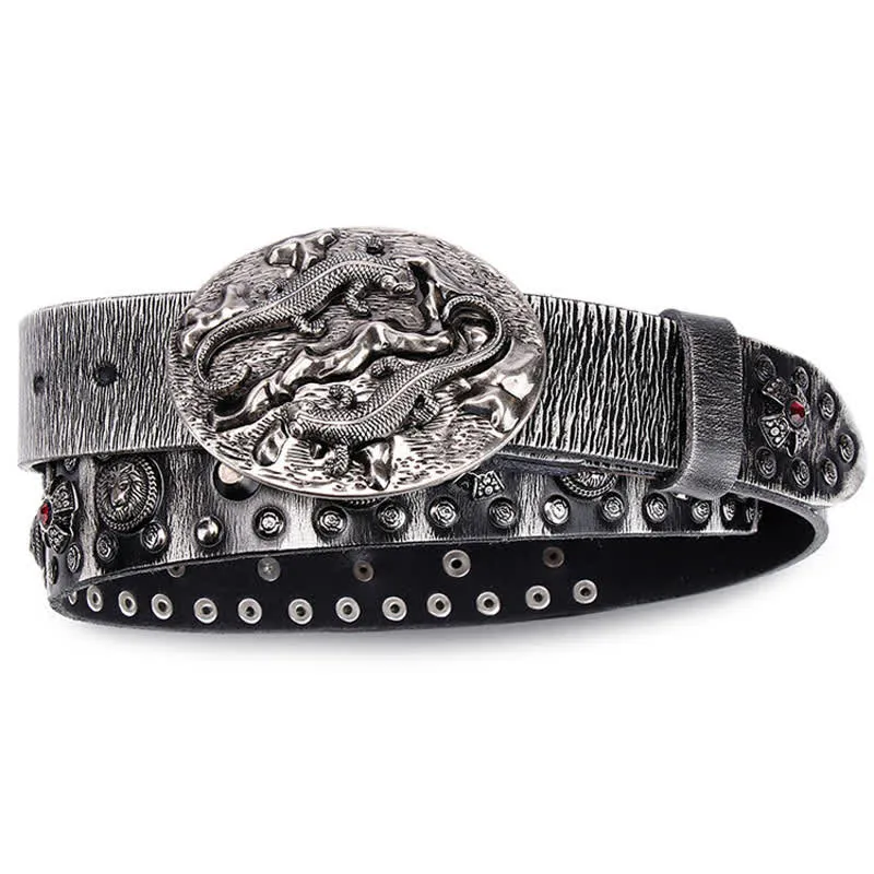 Men's Studded Ruby Lion Ornament Leather Belt