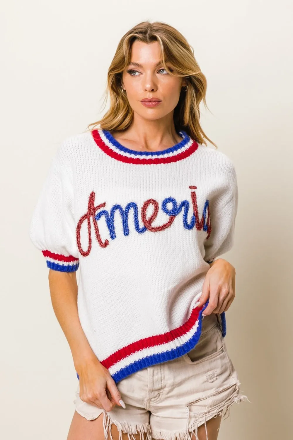 Metallic America Letter Short Sleeve Sweater