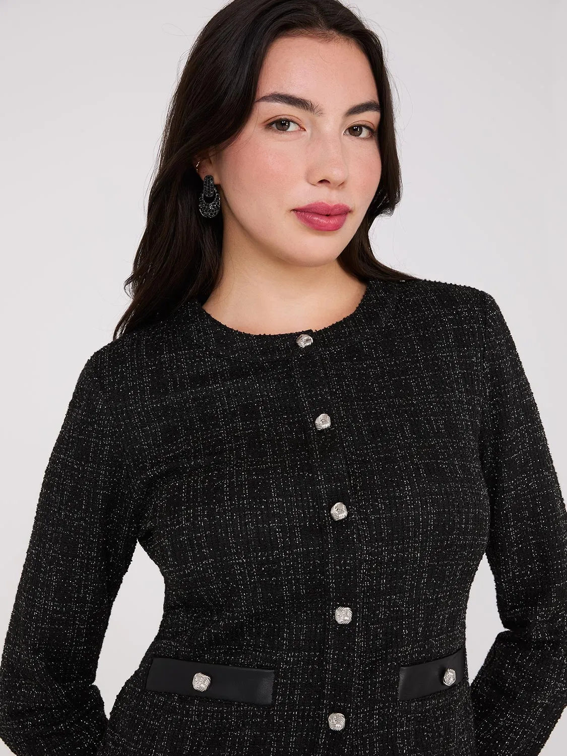 Metallic Boucle Button-Front Blazer