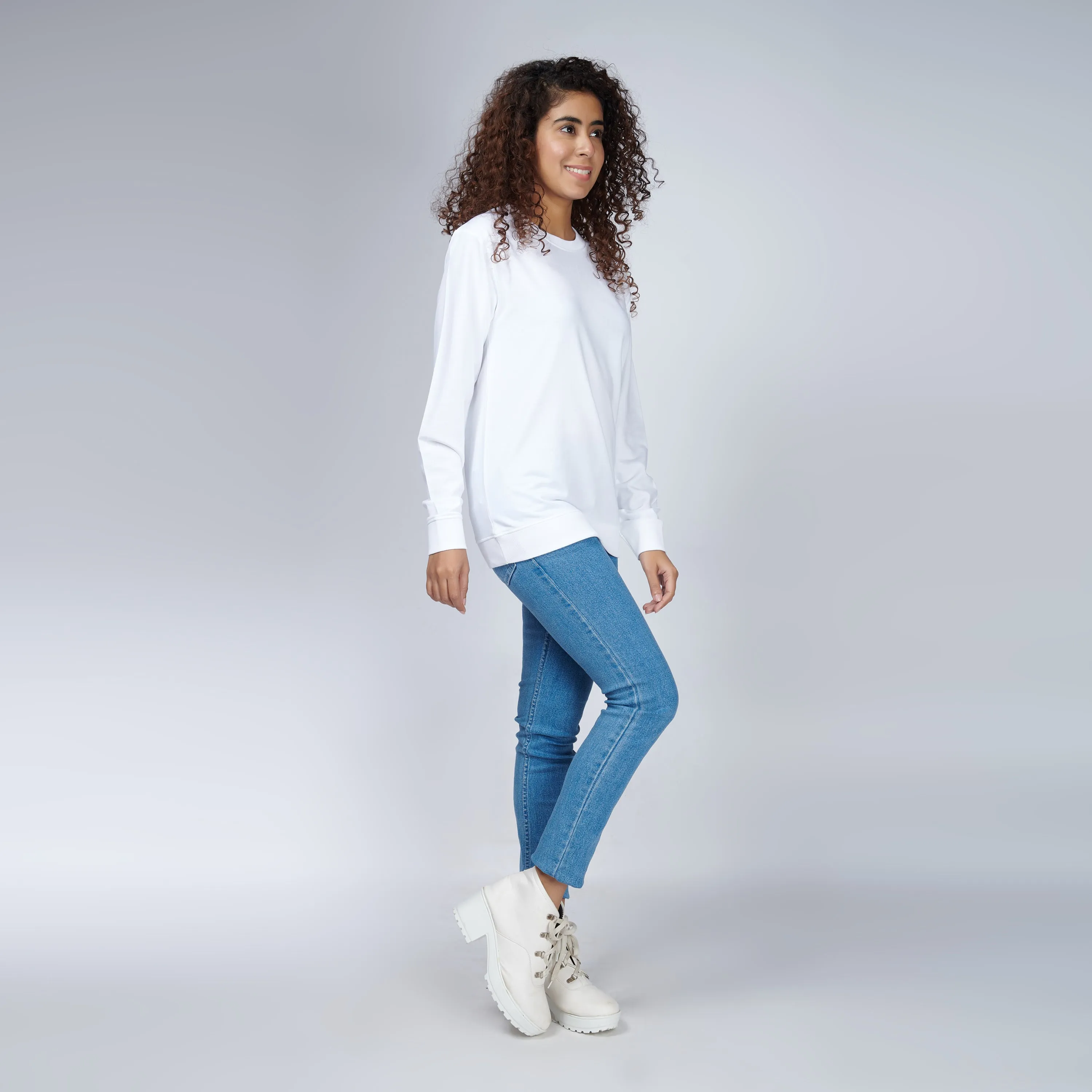 Milky White Crew Neck Sweatshirt for Women