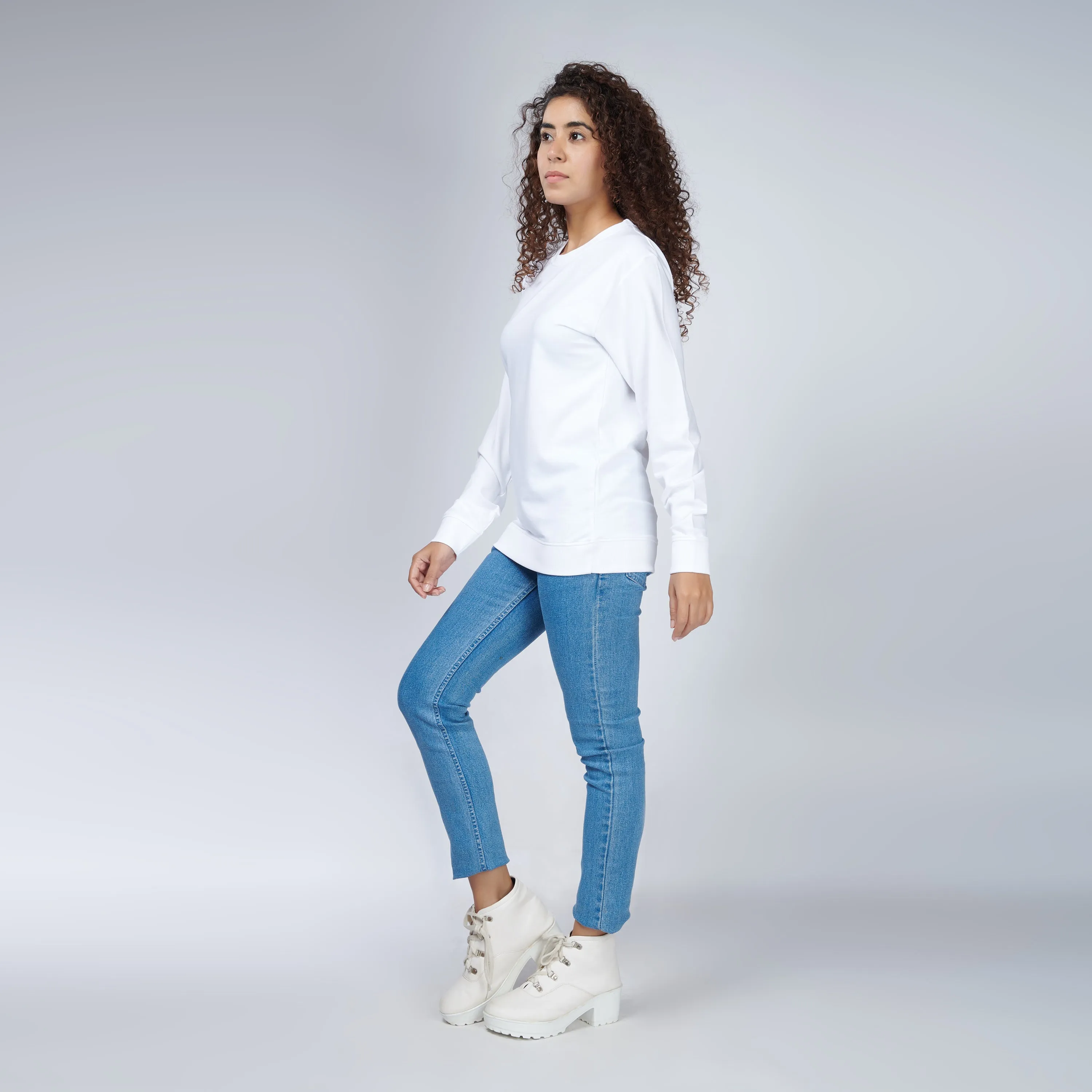 Milky White Crew Neck Sweatshirt for Women