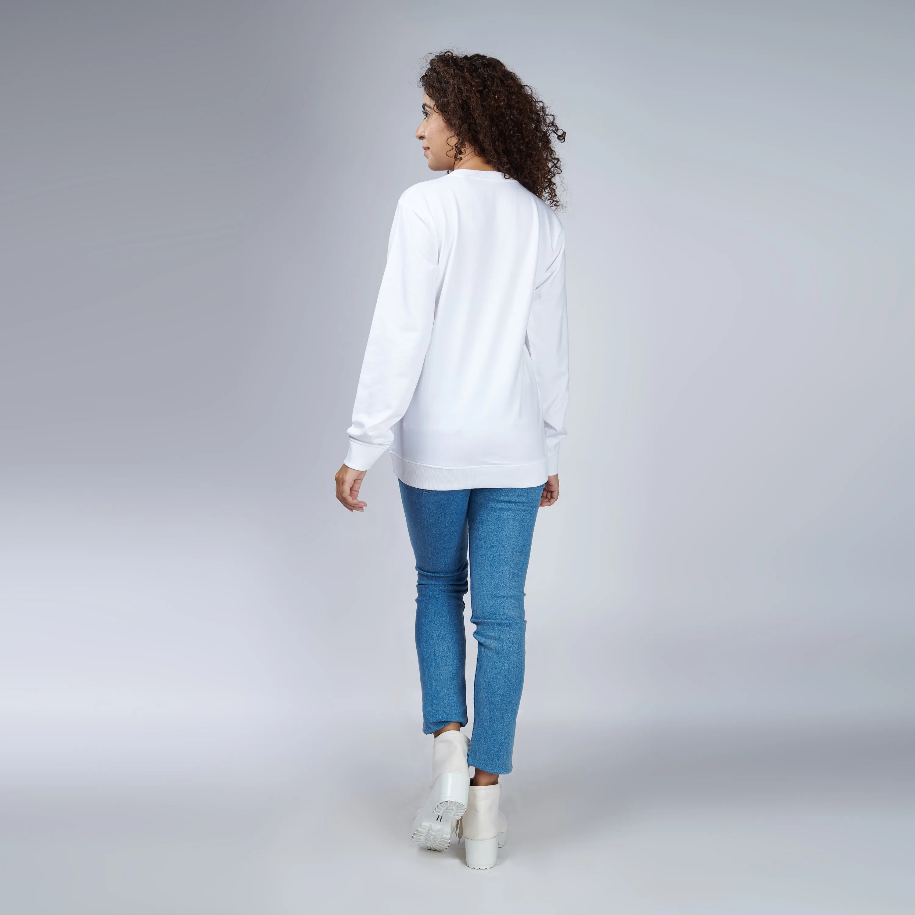 Milky White Crew Neck Sweatshirt for Women