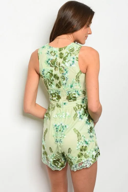 Misses Green Mesh Lace Embroidered Accent Romper