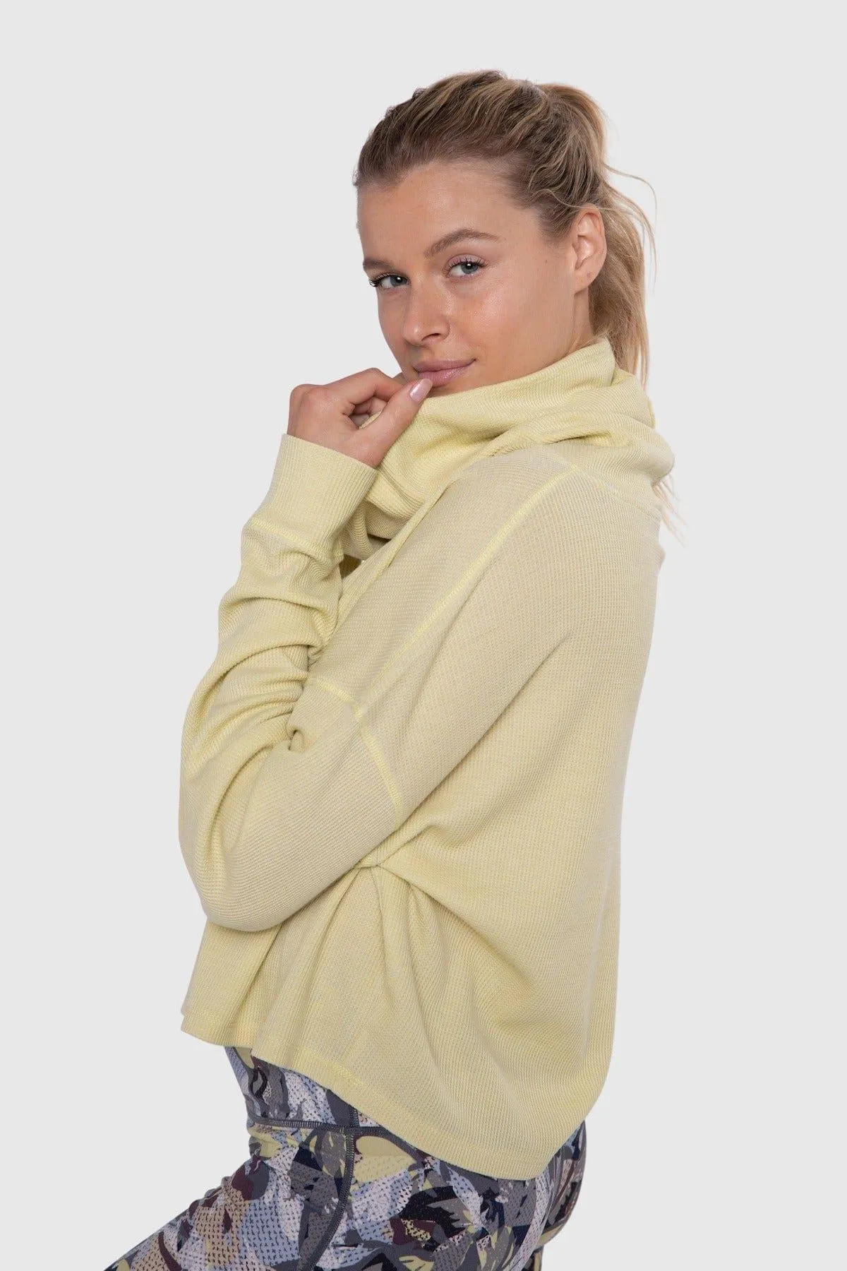 Mono B Boxy Mineral-Washed Cowl-Neck Pullover With Waffle Knit - Yellow22