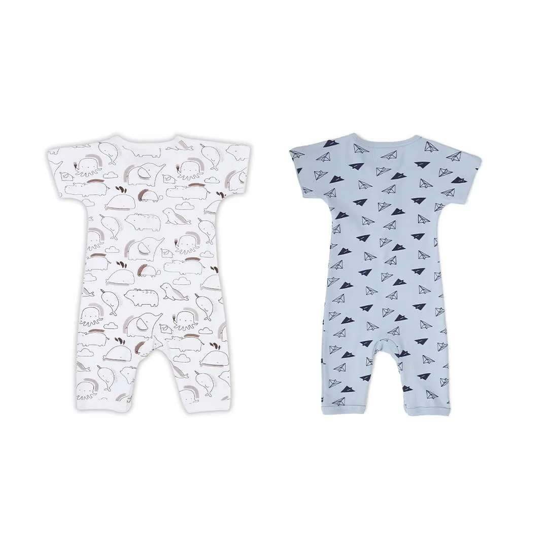 Mush Ultra Soft Bamboo Unisex Short Sleeve Romper Combo Set for New Born Baby/Kids Pack of 2 (0-3 Months, Aeroplane & Marine Life)