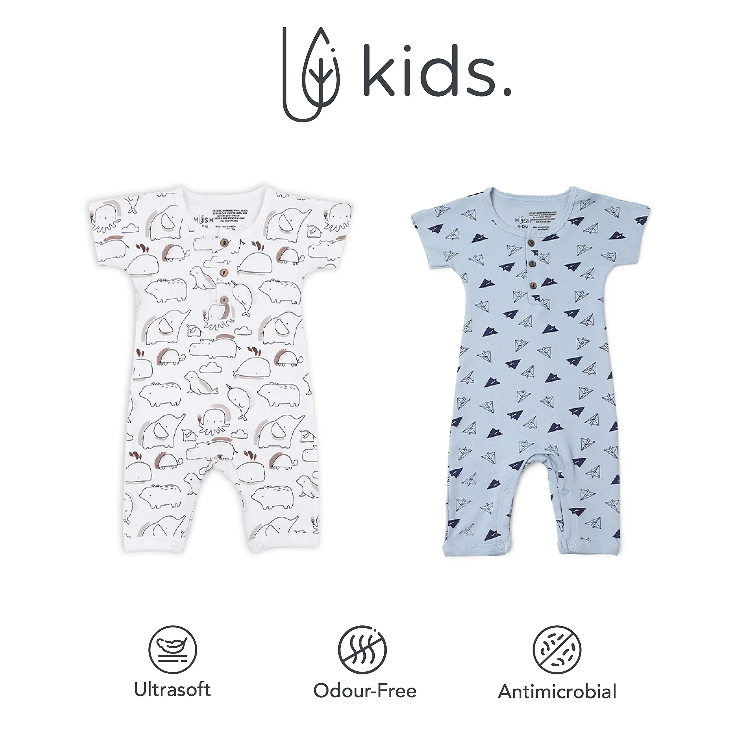 Mush Ultra Soft Bamboo Unisex Short Sleeve Romper Combo Set for New Born Baby/Kids Pack of 2 (0-3 Months, Aeroplane & Marine Life)