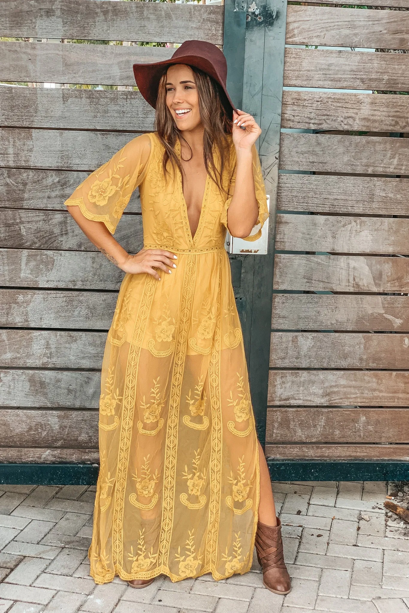 Mustard Lace Maxi Romper