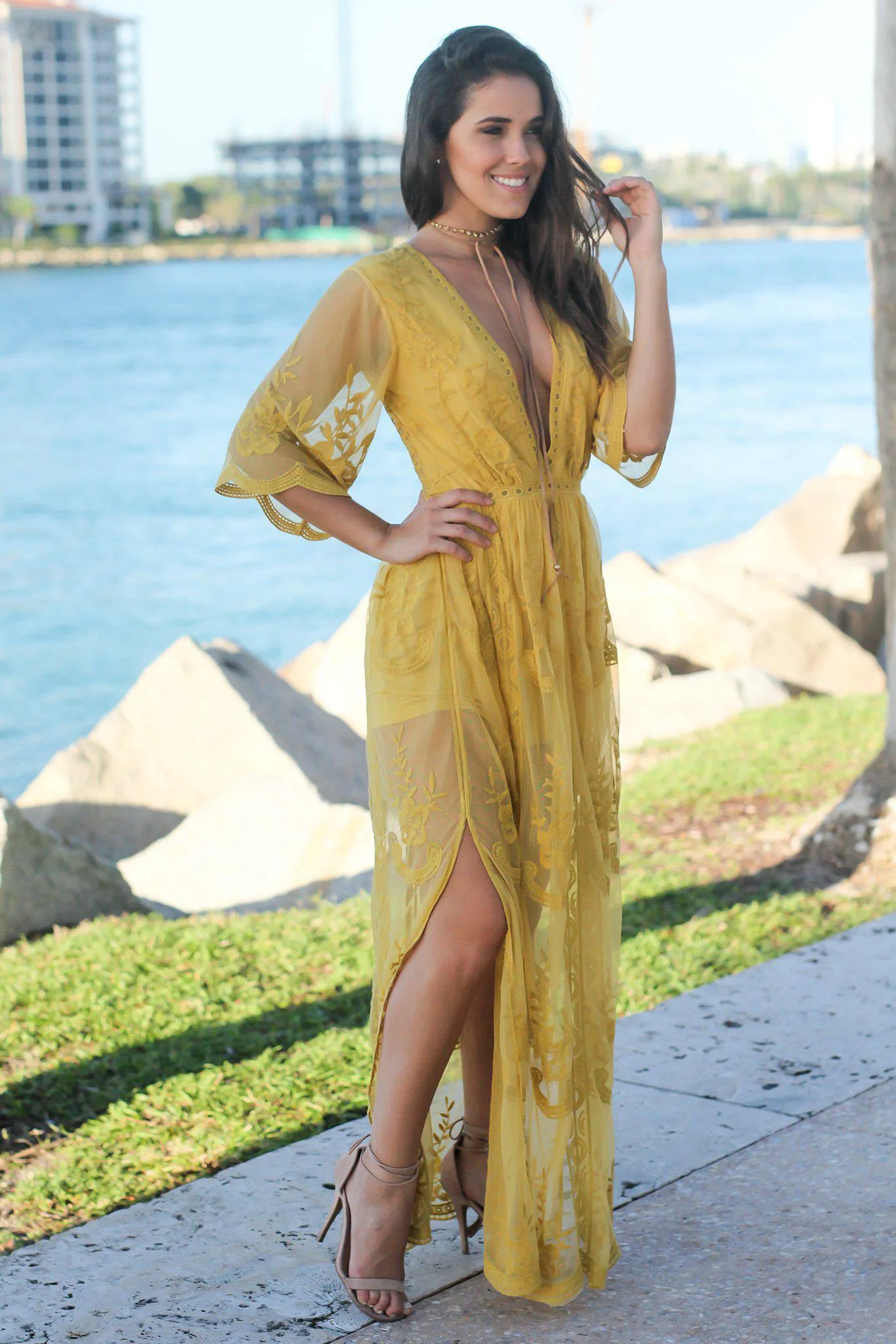 Mustard Lace Maxi Romper