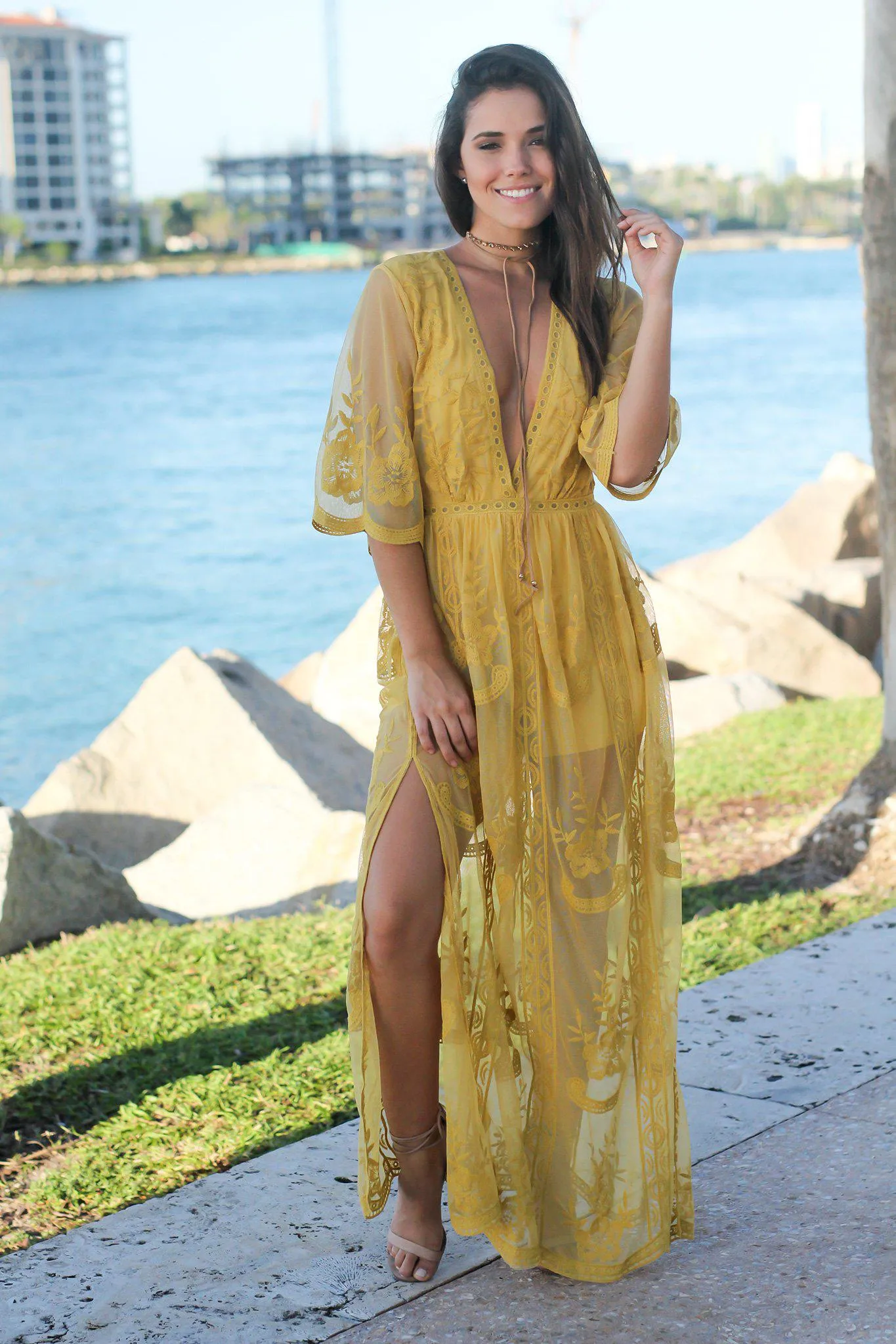 Mustard Lace Maxi Romper