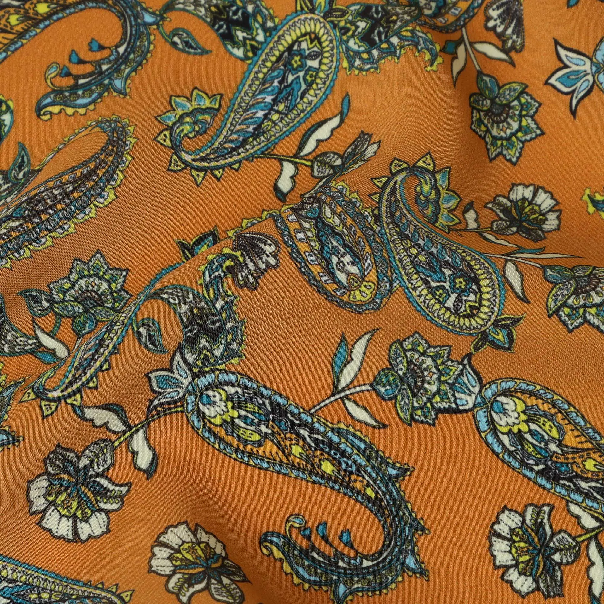 Mustard Yellow Viscose Fabric with Paisley and Floral Digital Print, 110 cm Width-D20620