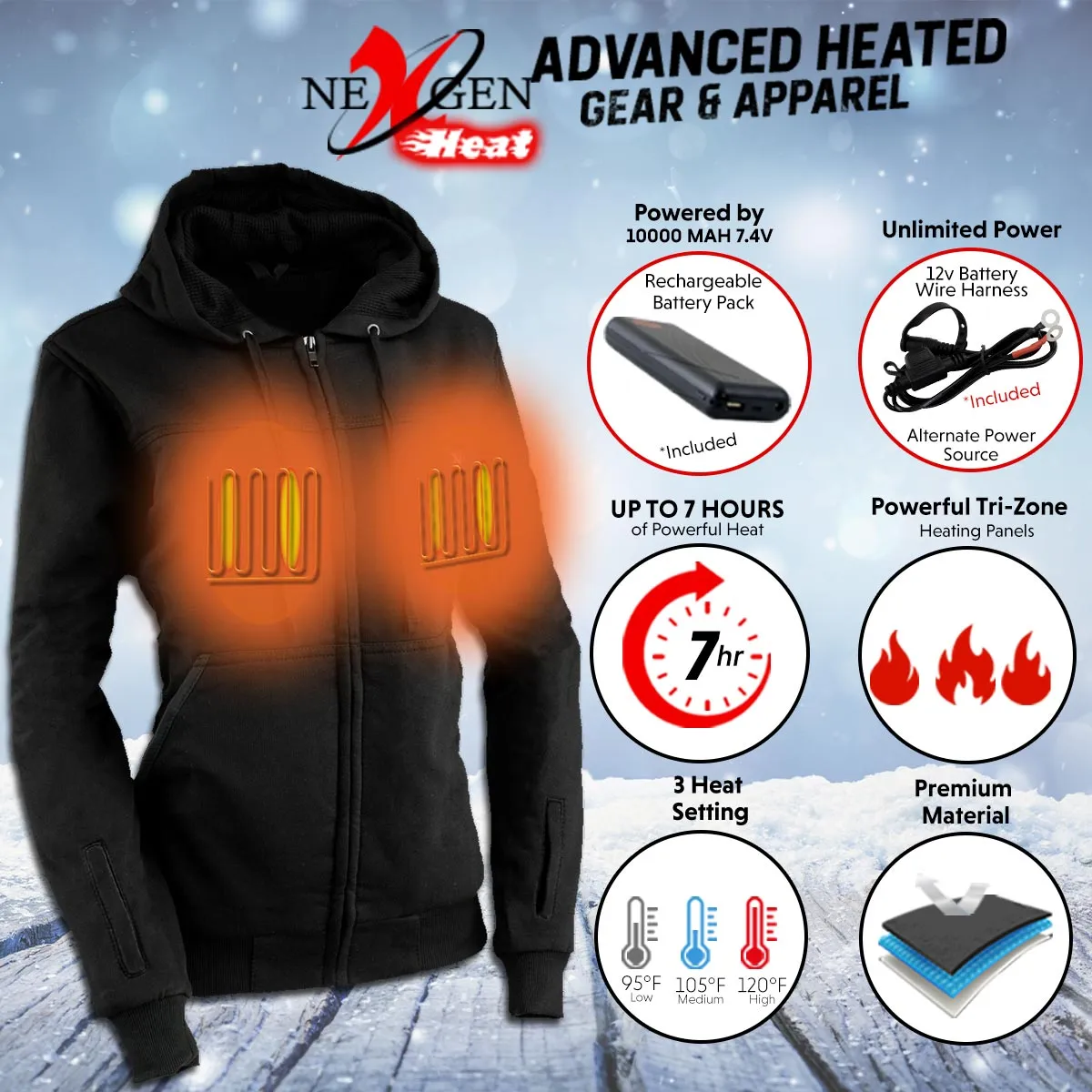 Nexgen Heat MPL2717DUAL Technology Women's Heated Hoodie - Black Sweatshirt Jacket for Winter Season w/Battery Pack