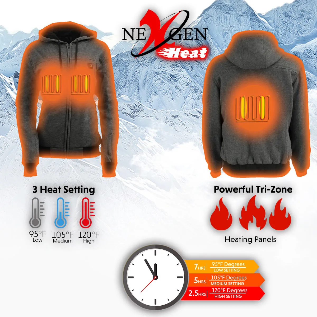 Nexgen Heat NXM1717DUAL Technology Men's “Fiery’’ Heated Hoodie - Grey Sweatshirt Jacket for Winter w/ Battery Pack