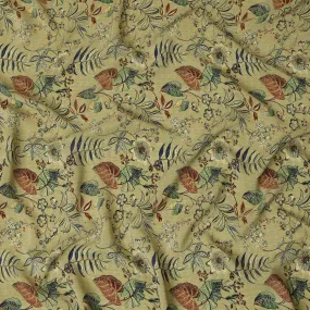 Olive Green Viscose Fabric with Multicolor Floral and Leaf Digital Print, 110 cm Width-D20642