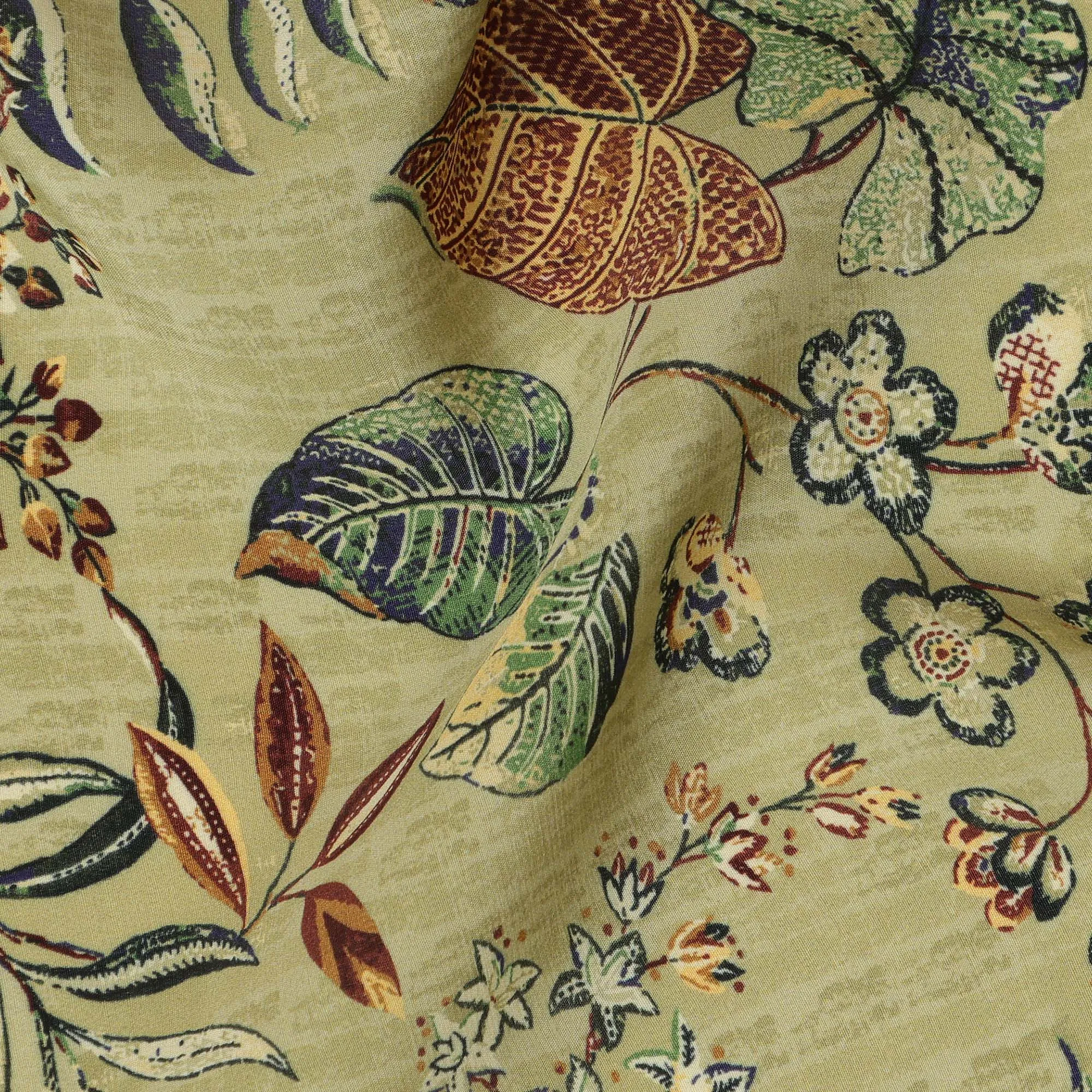 Olive Green Viscose Fabric with Multicolor Floral and Leaf Digital Print, 110 cm Width-D20642