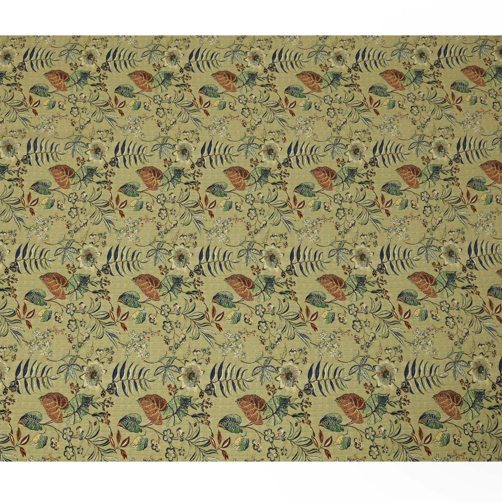 Olive Green Viscose Fabric with Multicolor Floral and Leaf Digital Print, 110 cm Width-D20642