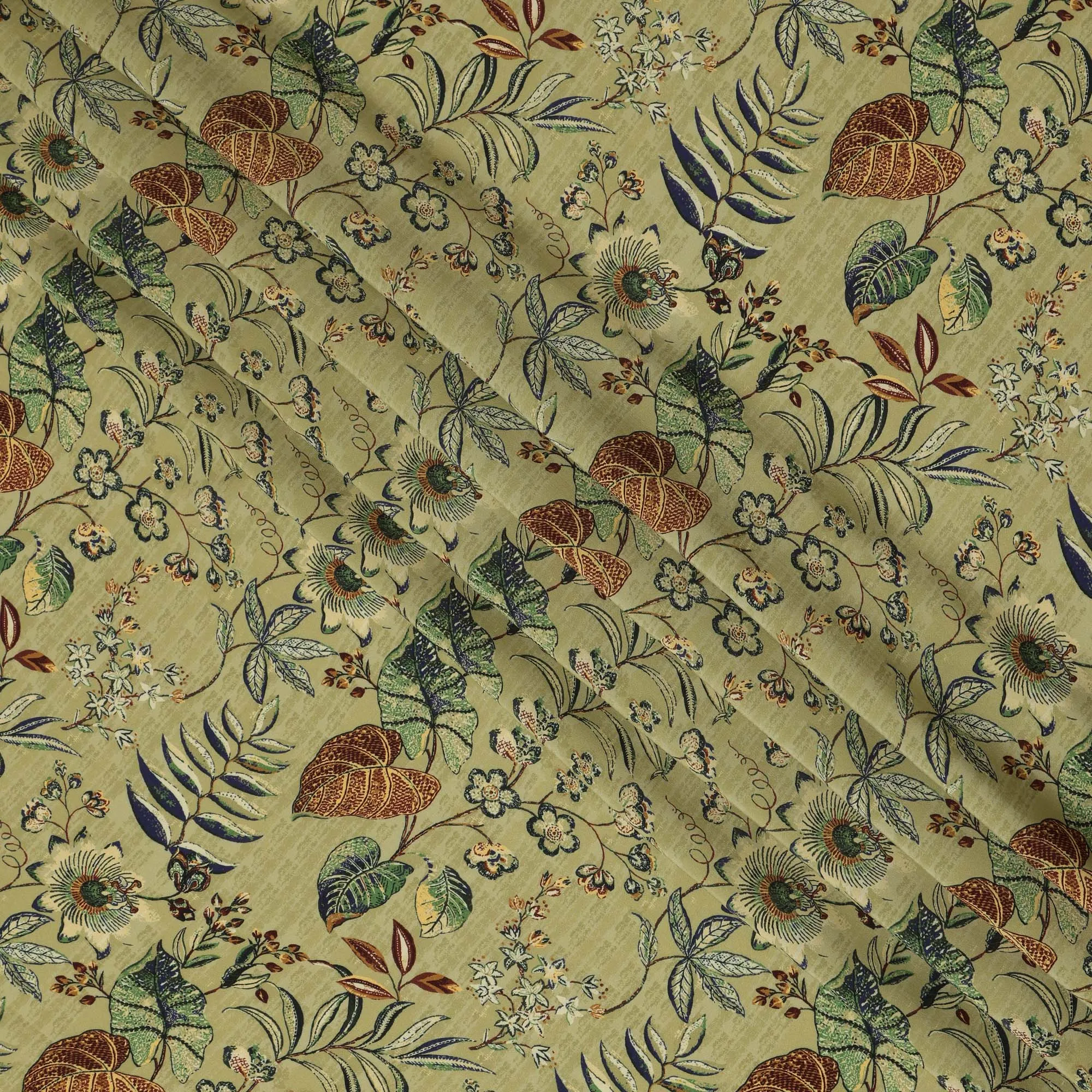 Olive Green Viscose Fabric with Multicolor Floral and Leaf Digital Print, 110 cm Width-D20642