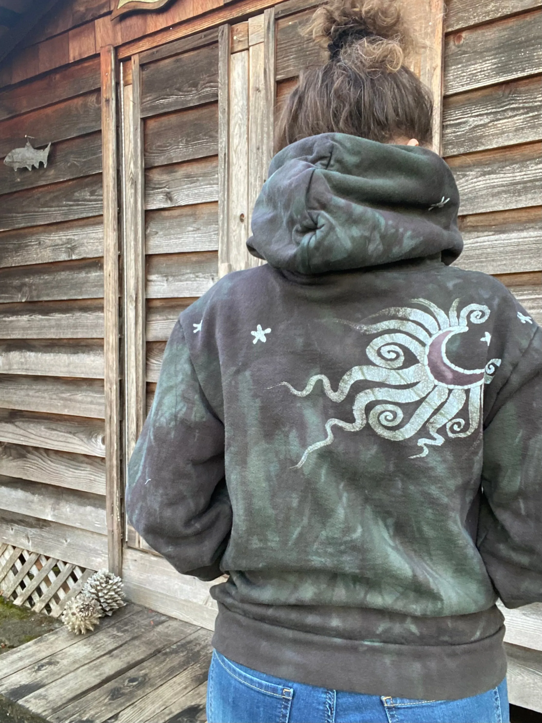 Olive Tree of Life - Handcrafted Batik Pullover Hoodie - Size SMALL Unisex