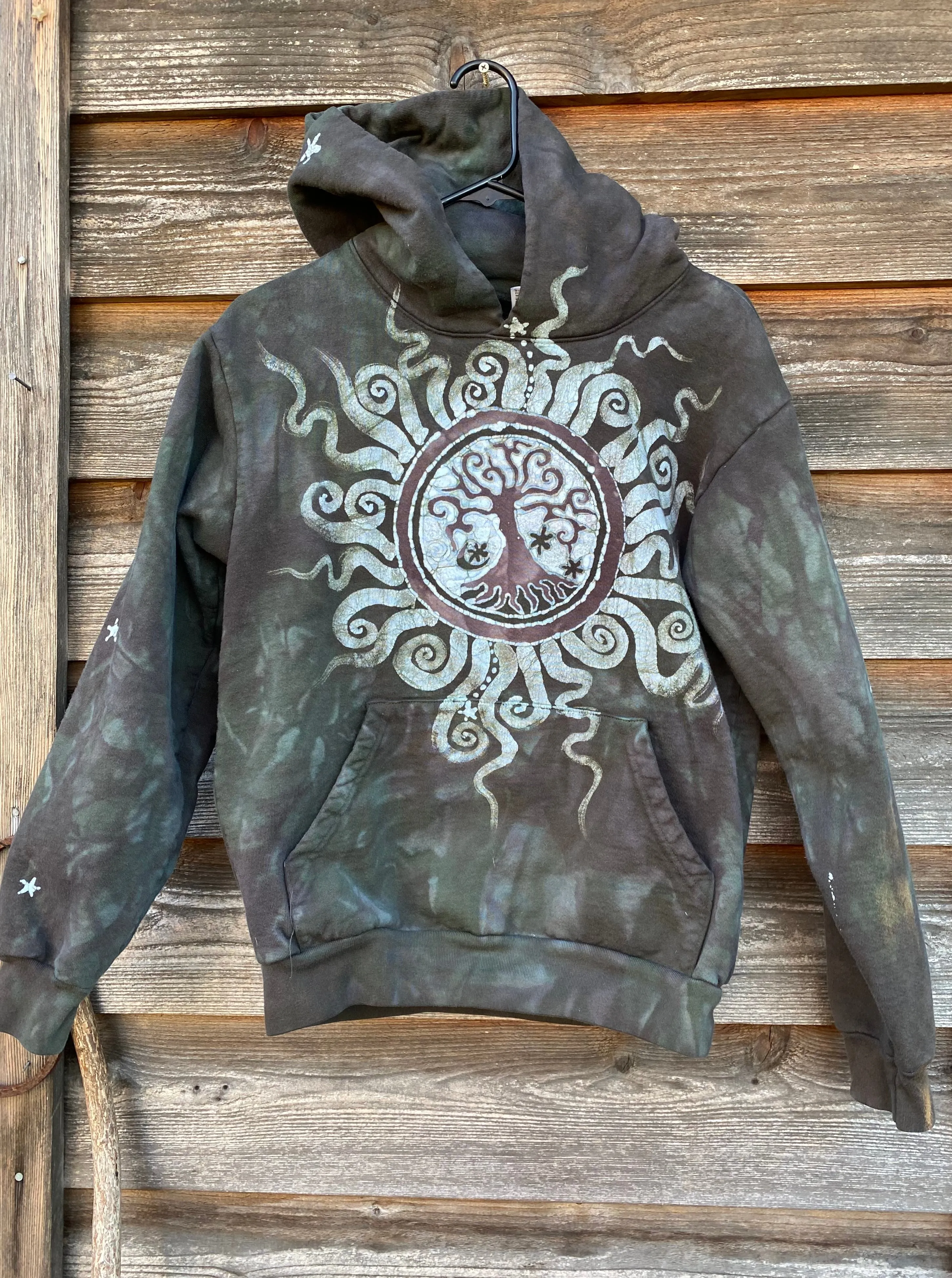 Olive Tree of Life - Handcrafted Batik Pullover Hoodie - Size SMALL Unisex