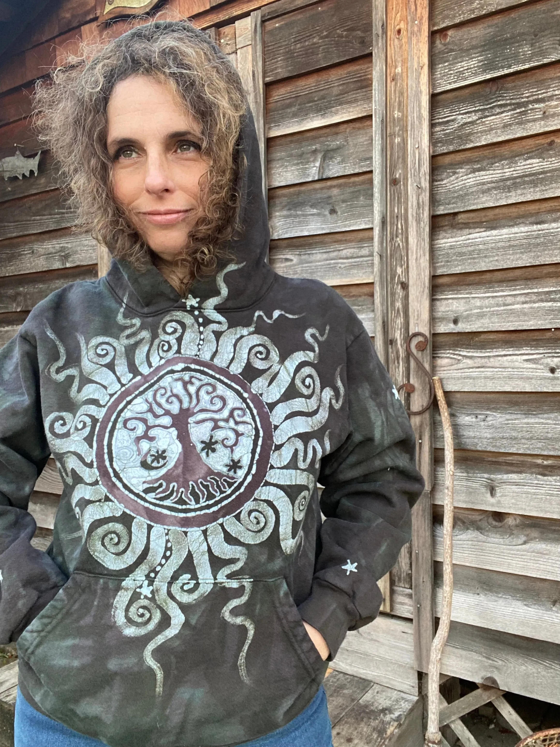 Olive Tree of Life - Handcrafted Batik Pullover Hoodie - Size SMALL Unisex