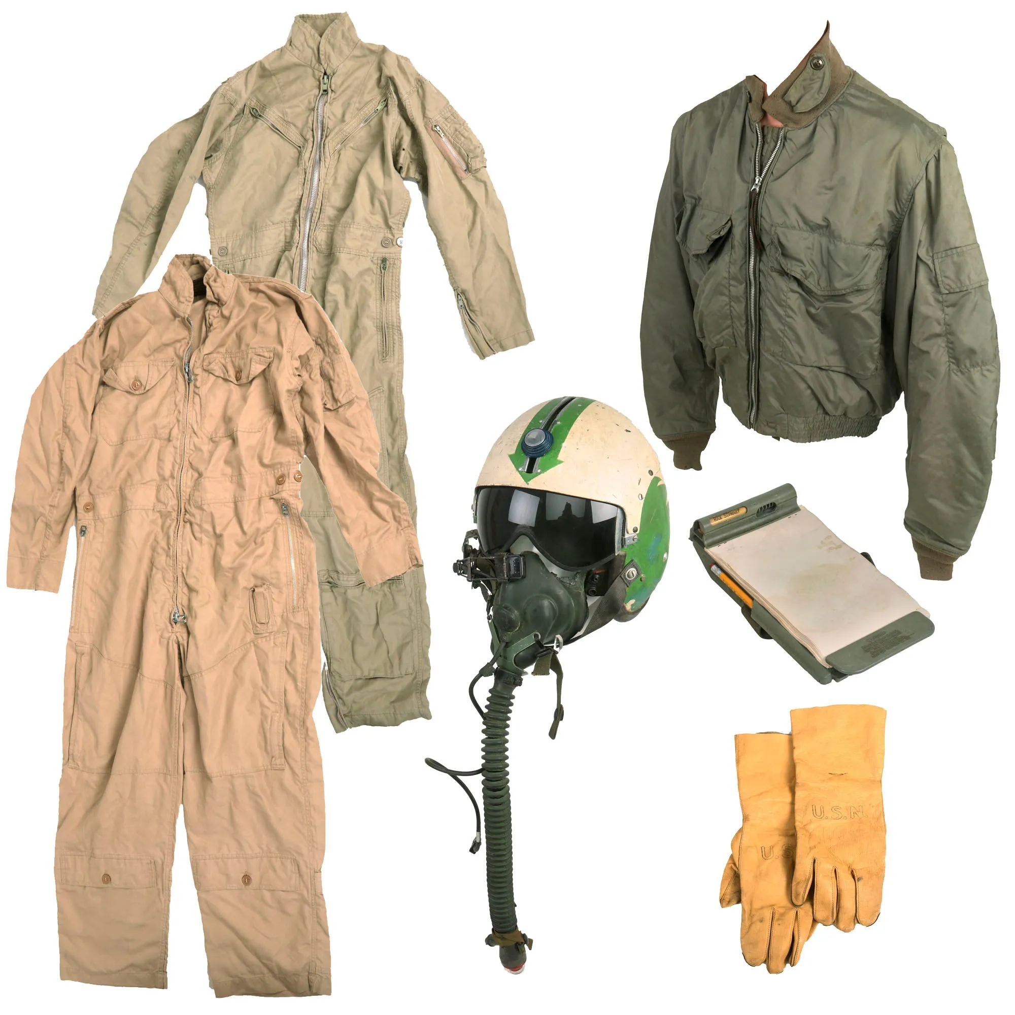 Original Vietnam War Era U.S. Navy Pilot APH-5 Helmet Grouping with Parachute Bag, Helmet Bag, (2) Summer Flying Suits, Mk 2-A Clipboard & More