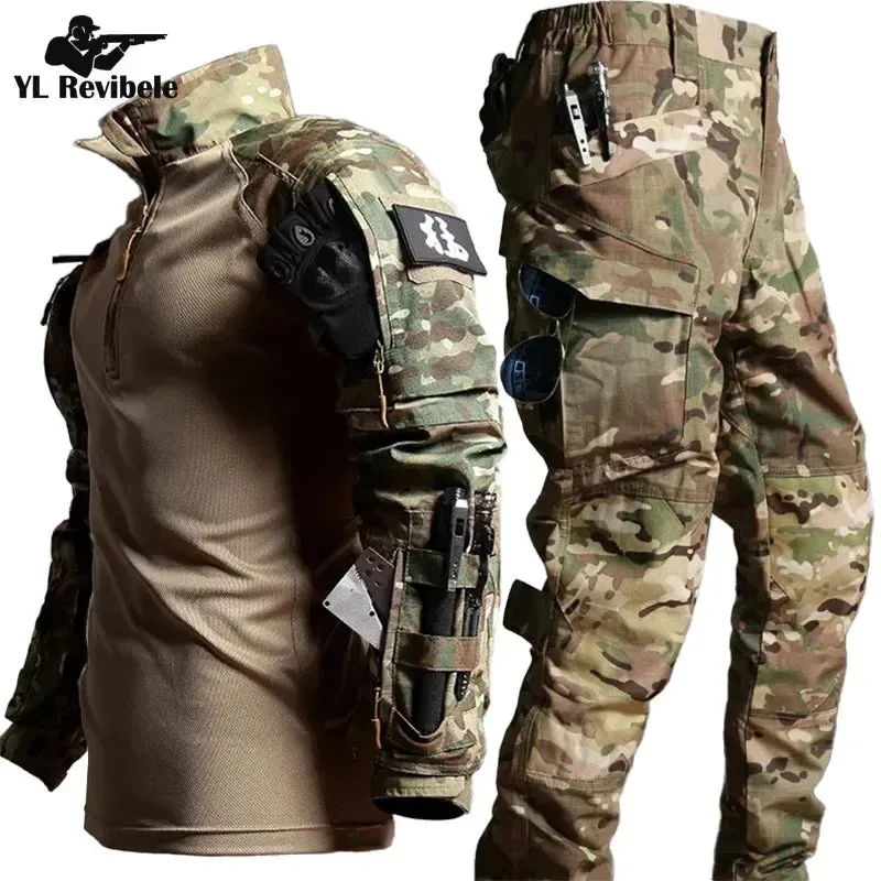 Outdoor Tactical Sets Men Wear-resistant Hunting Uniform Sweatshirt Multi-pocket Cargo Pant 2 Pcs Suits Waterproof Combat Set