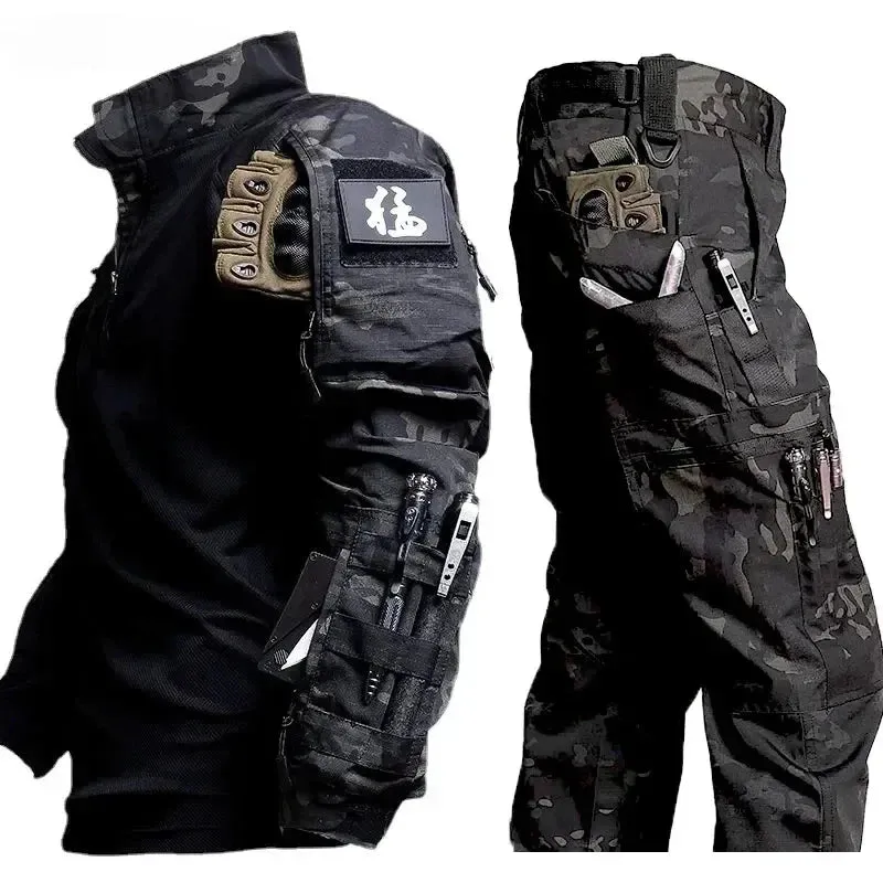 Outdoor Tactical Sets Men Wear-resistant Hunting Uniform Sweatshirt Multi-pocket Cargo Pant 2 Pcs Suits Waterproof Combat Set