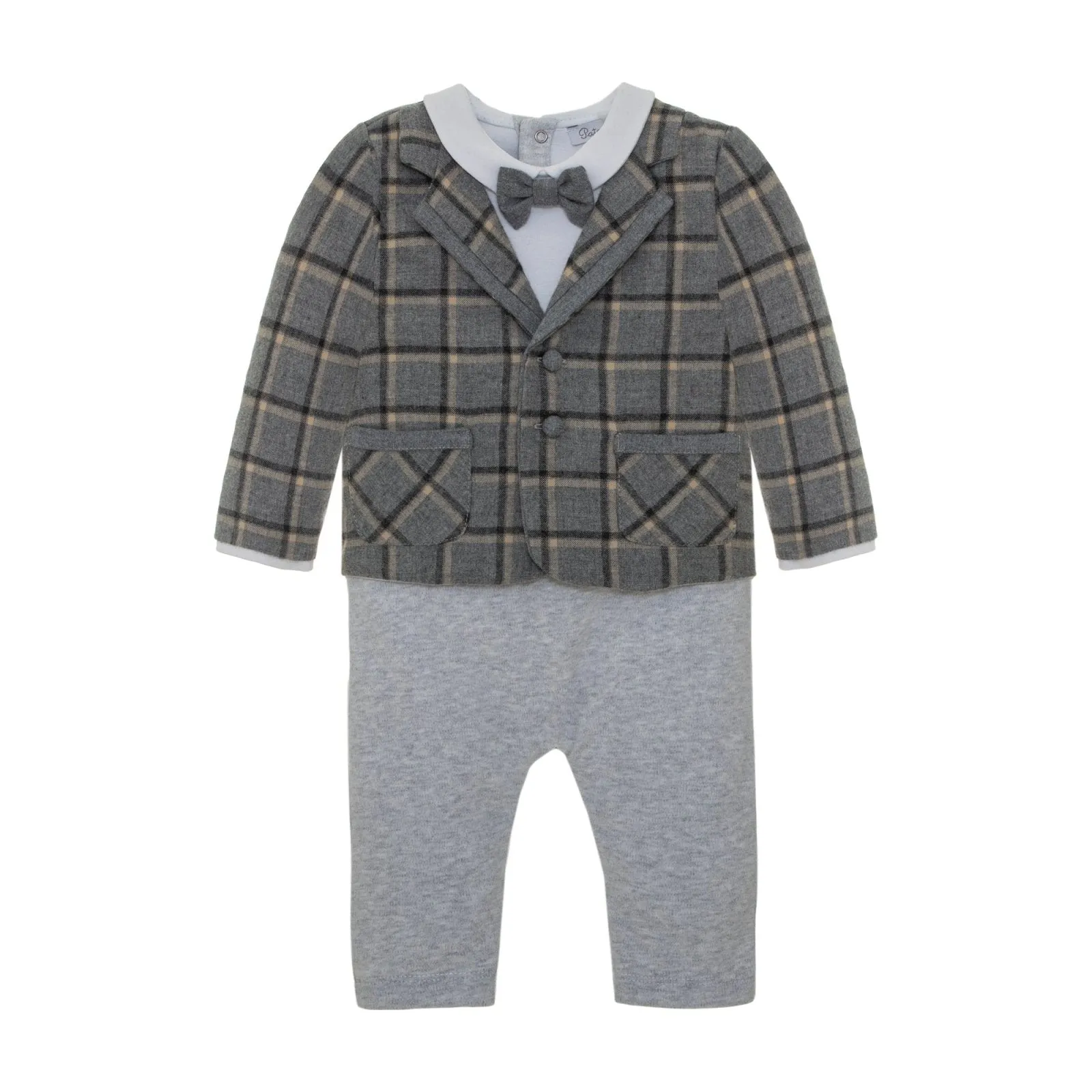 Patachou Baby Boys Long Sleeve Grey Plaid Pants Romper