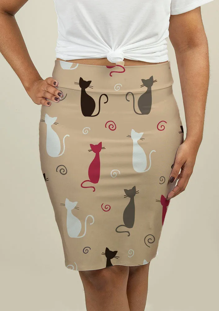 Pencil Skirt with Cats Pattern