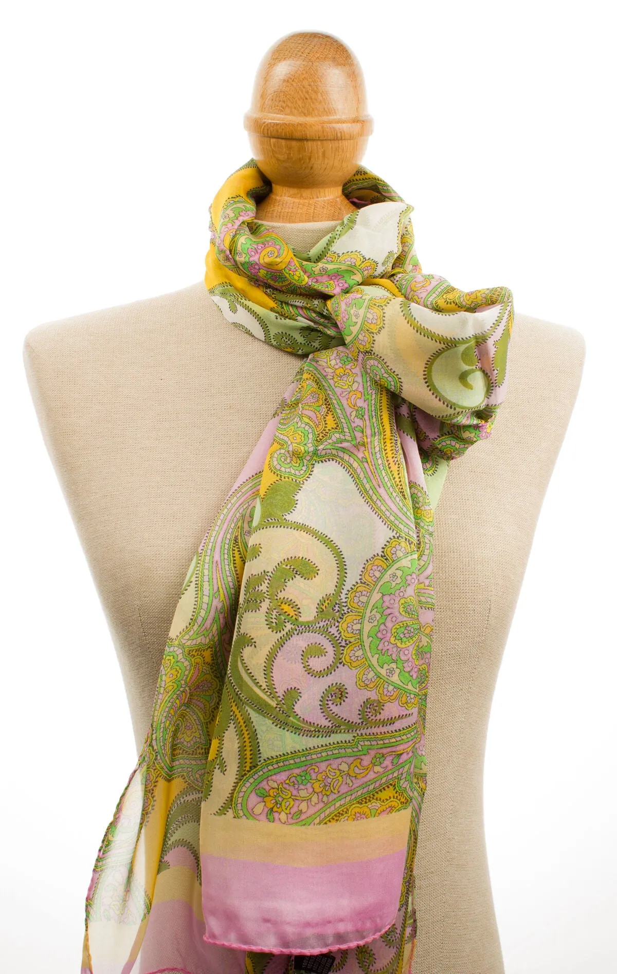 Pink & Green Paisley Printed Silk Scarf