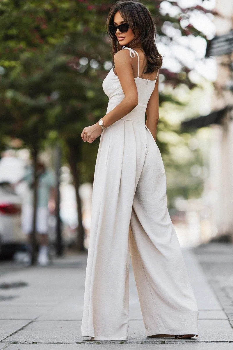 Pleated Beige Spaghetti Straps Jumpsuit