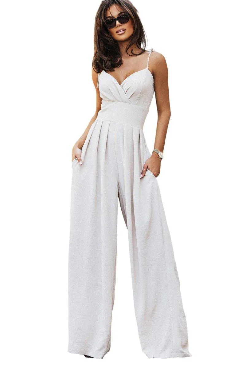 Pleated Beige Spaghetti Straps Jumpsuit