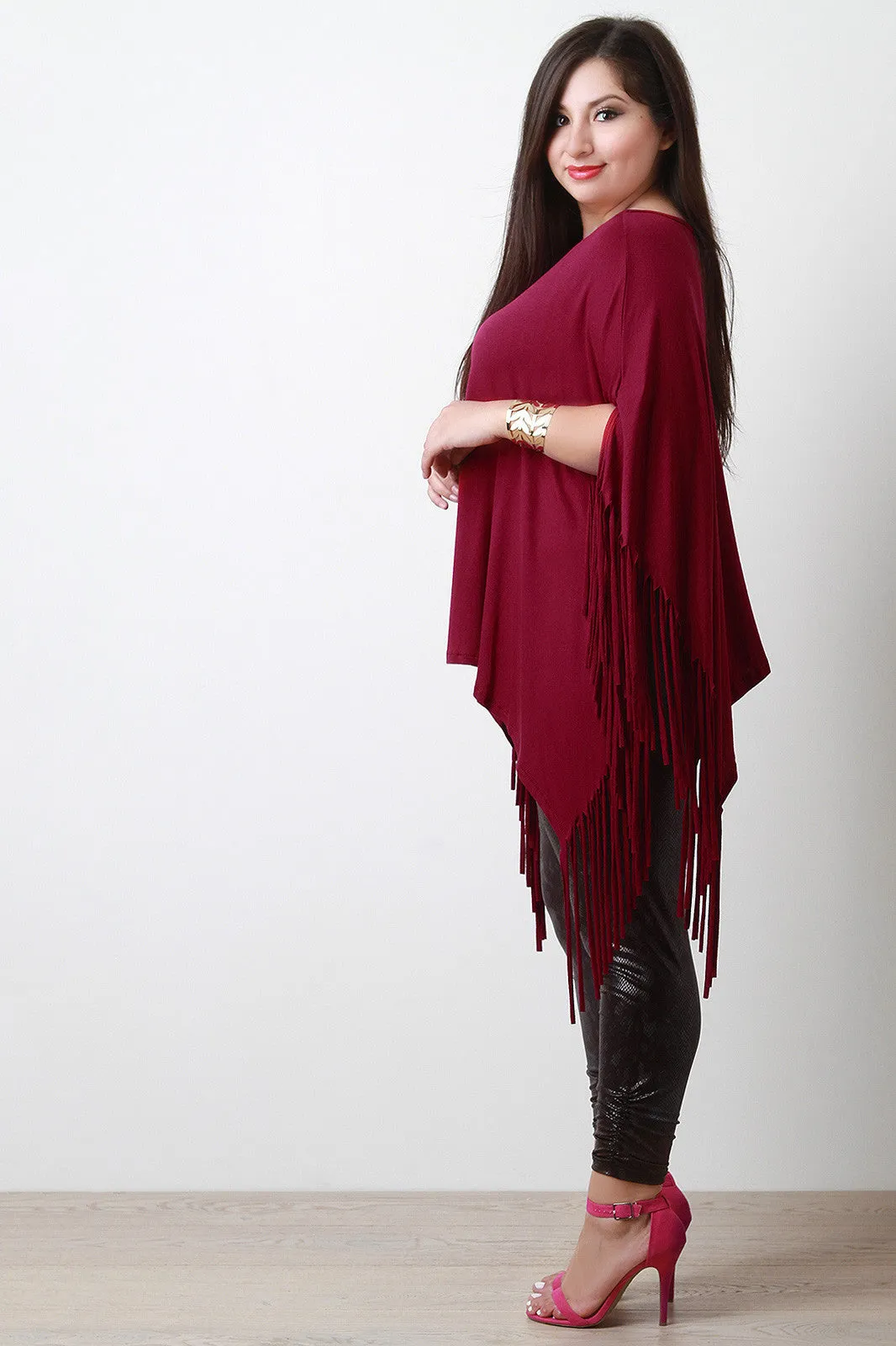 Plus Size Fringe Accent Poncho Top