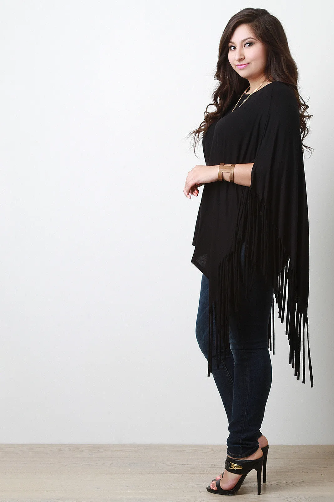 Plus Size Fringe Accent Poncho Top