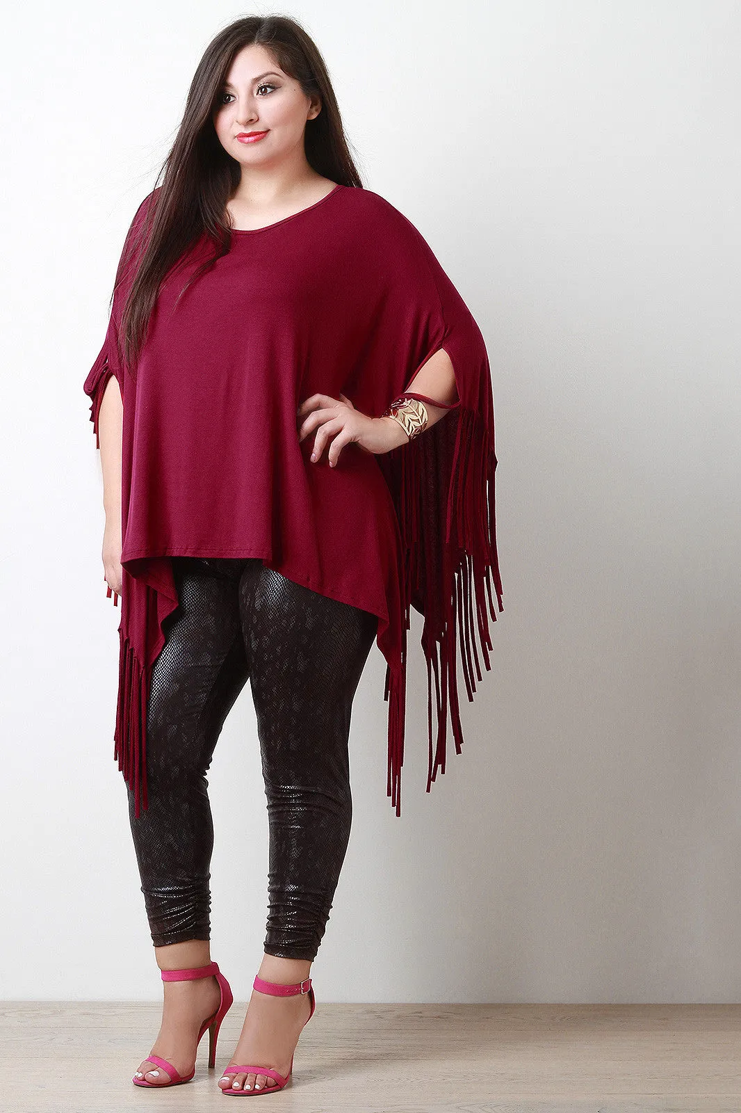 Plus Size Fringe Accent Poncho Top