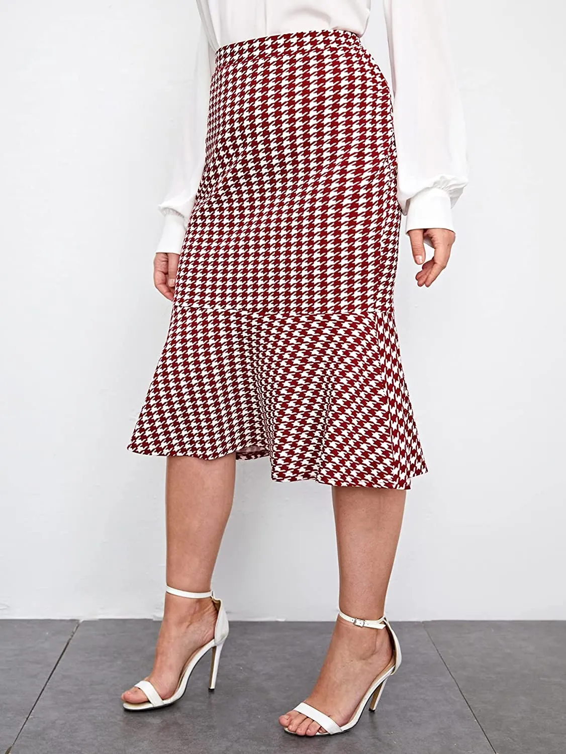 Plus Size Ruffle Hem Burgundy Plaid High Waist Pencil Mermaid Skirt