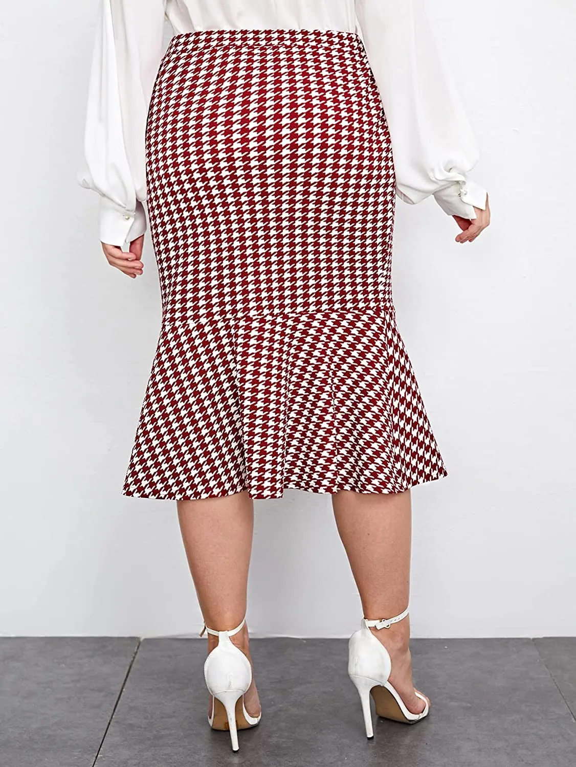 Plus Size Ruffle Hem Burgundy Plaid High Waist Pencil Mermaid Skirt