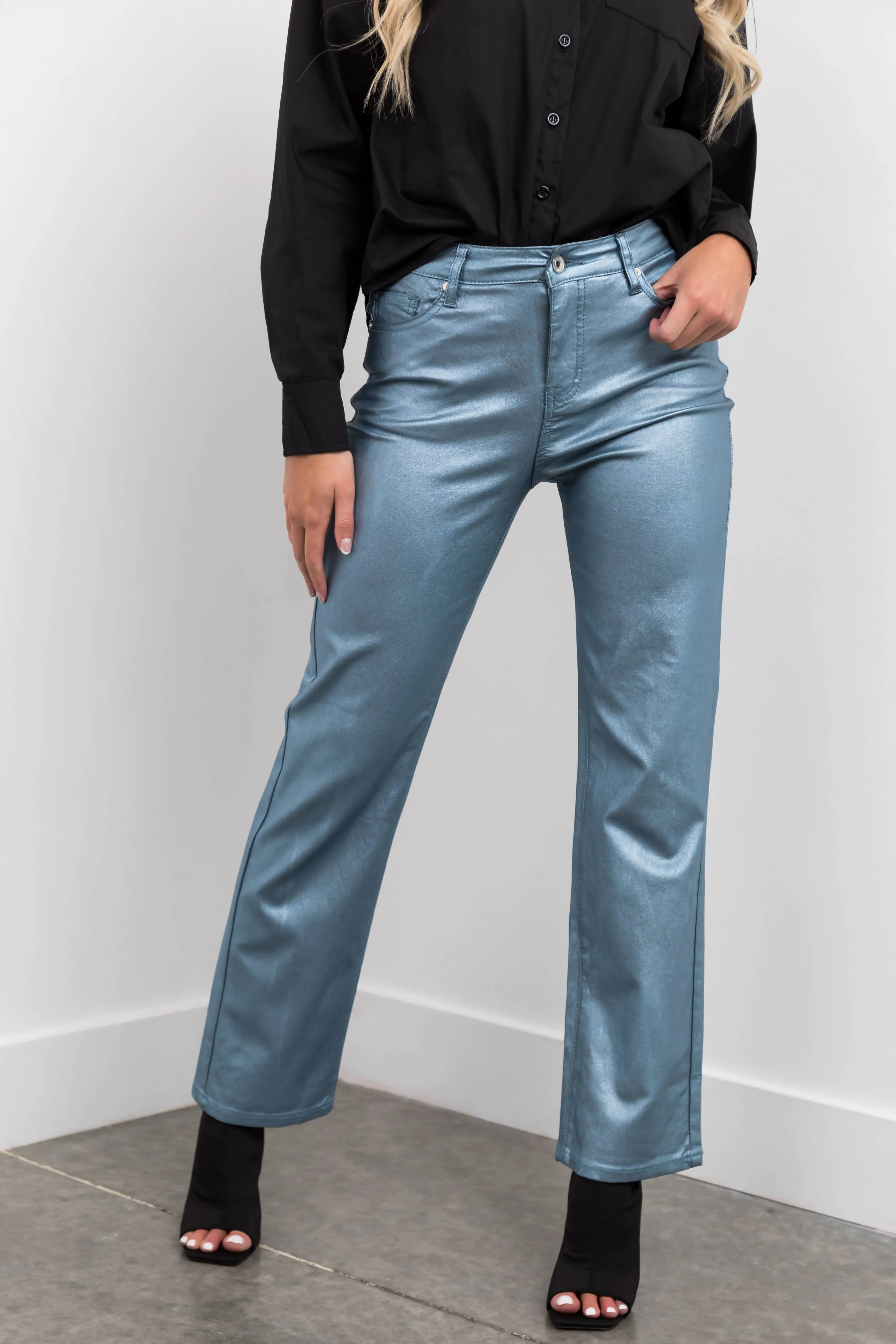 Powder Blue Metallic High Rise Dad Jeans