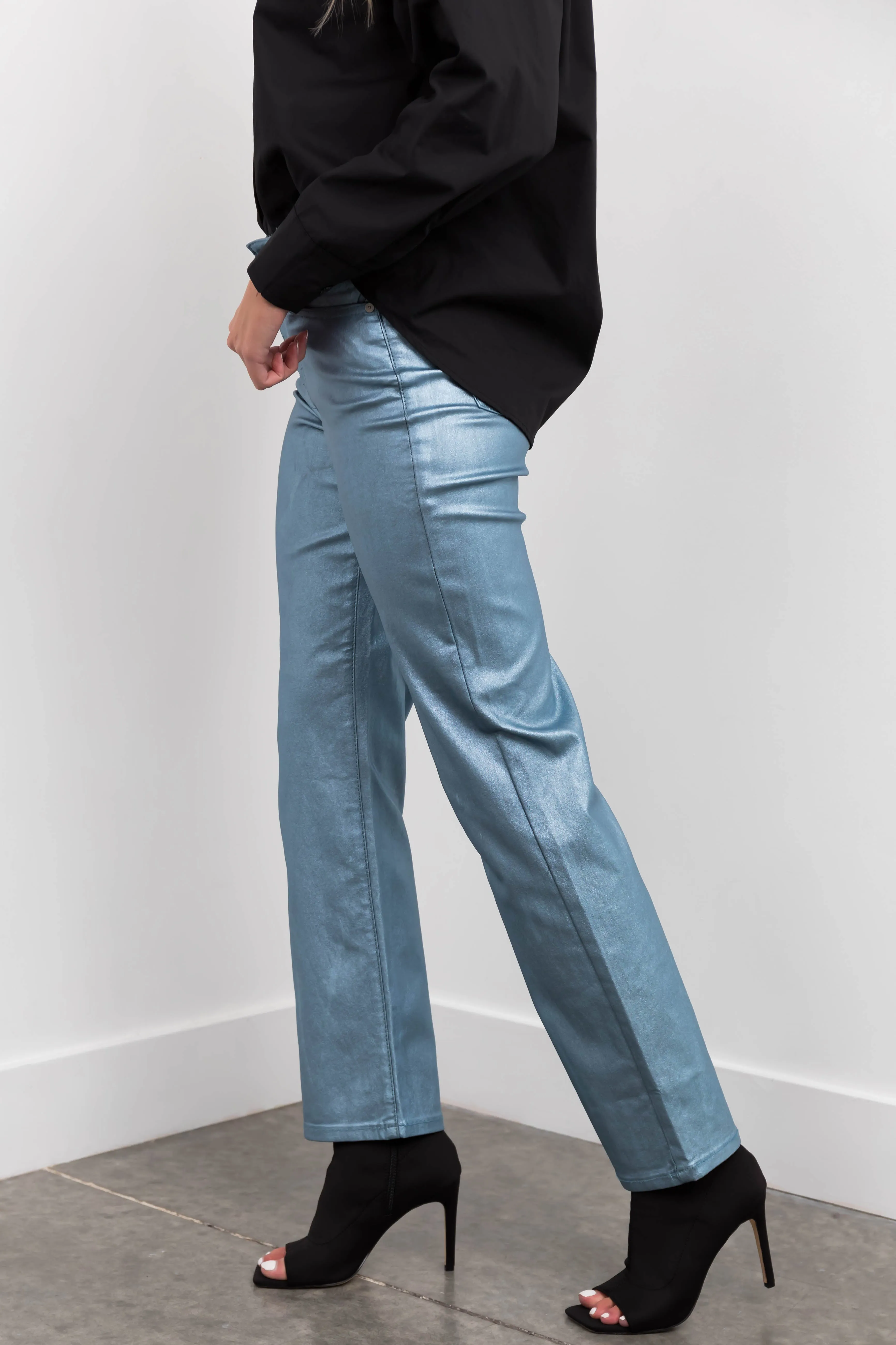 Powder Blue Metallic High Rise Dad Jeans