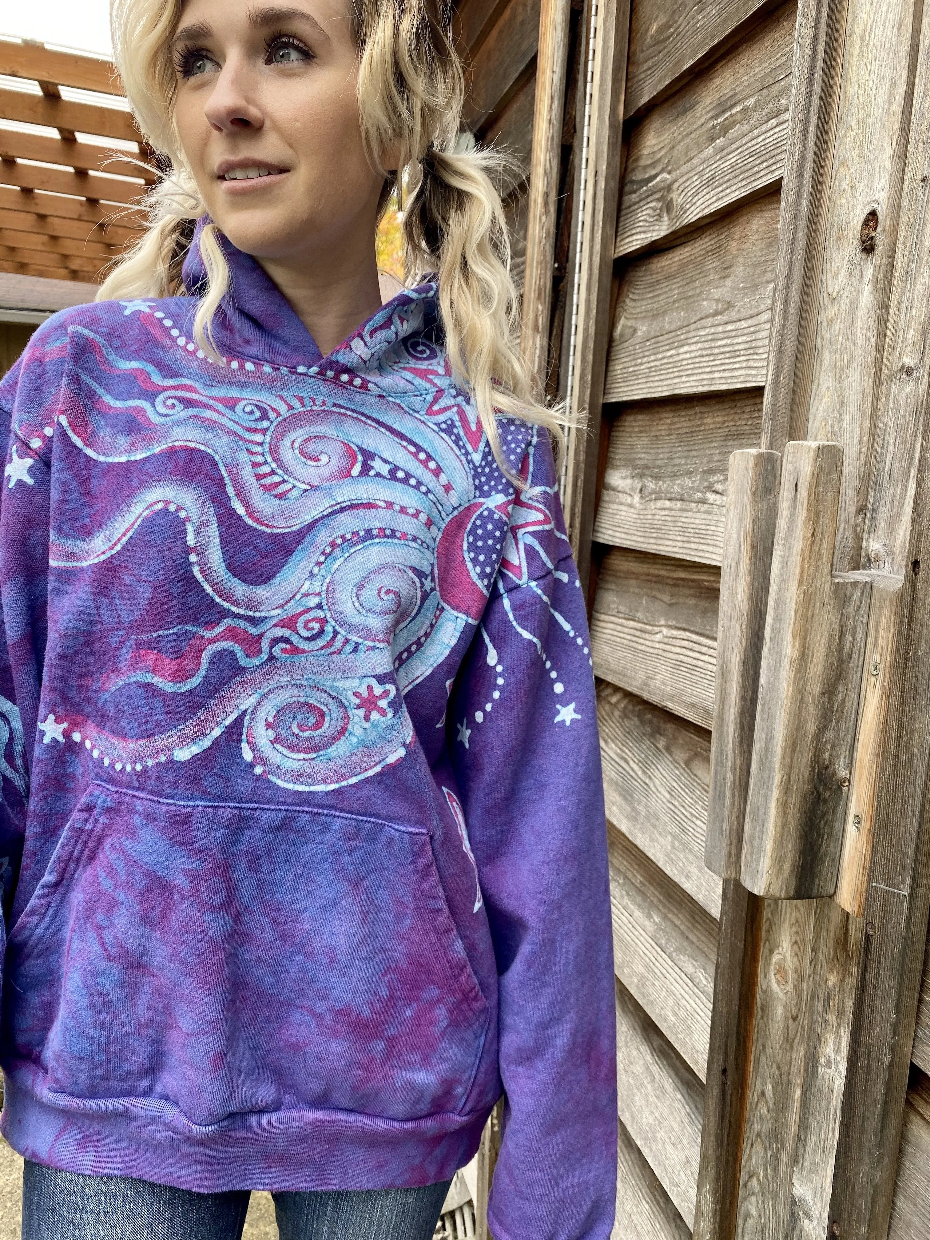 Pretty in Pink Luna Wanderlust Pullover Hoodie - Handcrafted Batik Moons & Stars