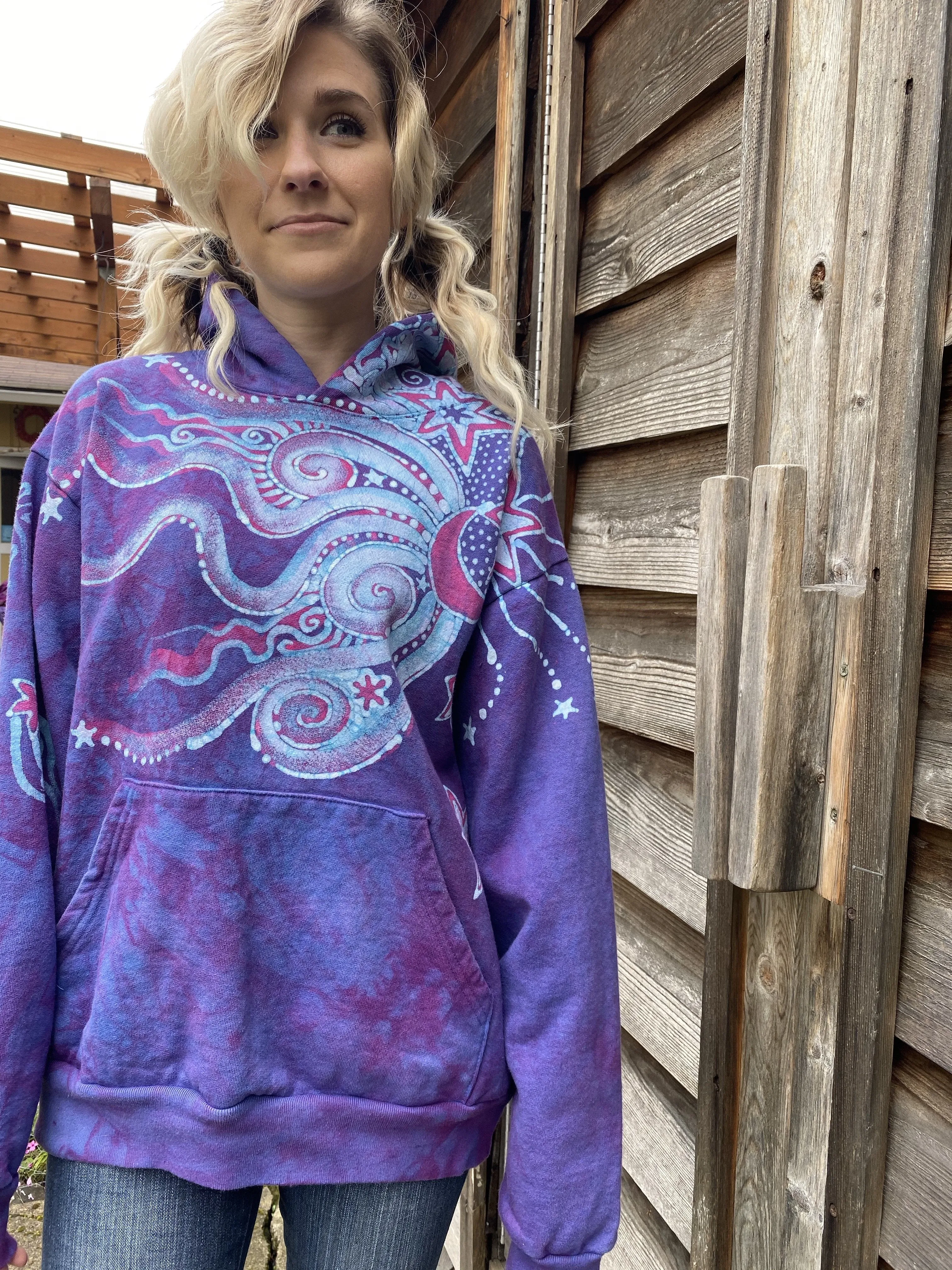 Pretty in Pink Luna Wanderlust Pullover Hoodie - Handcrafted Batik Moons & Stars