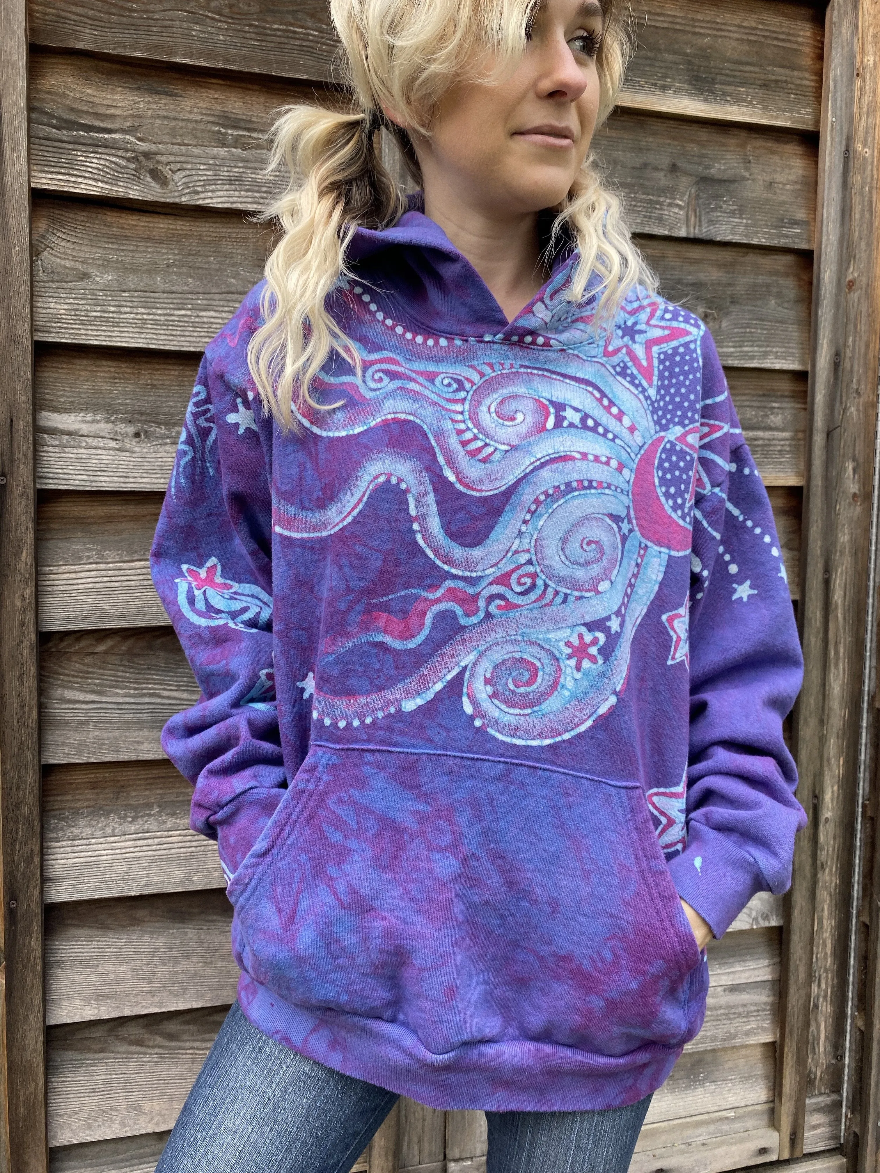 Pretty in Pink Luna Wanderlust Pullover Hoodie - Handcrafted Batik Moons & Stars