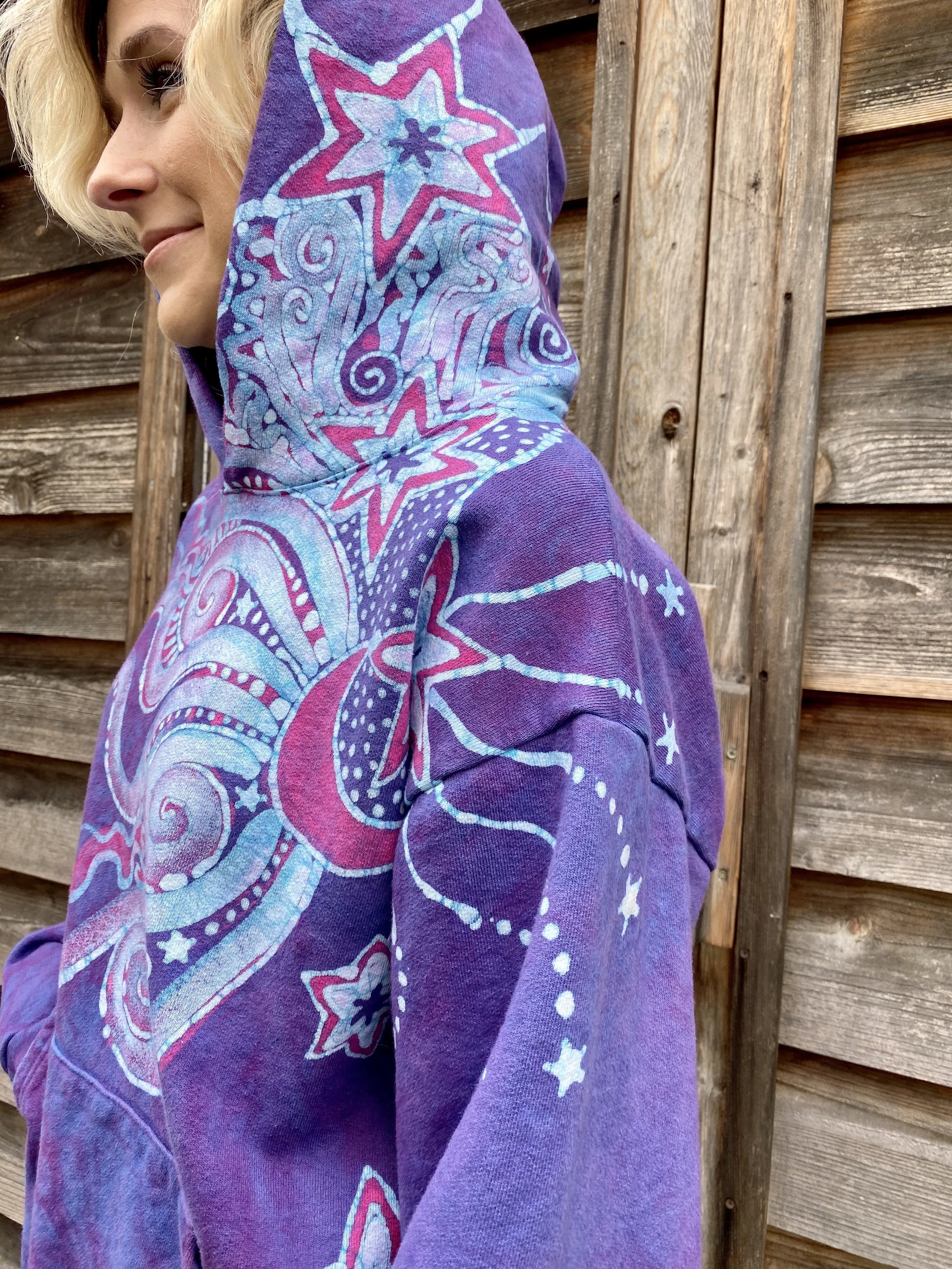 Pretty in Pink Luna Wanderlust Pullover Hoodie - Handcrafted Batik Moons & Stars